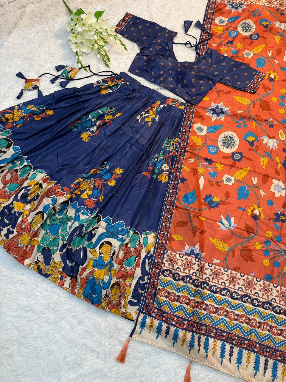 Navy Blue Ethnic Lehenga Set with Kalamkari Print & Orange Floral Dupatta – Festive Traditional Wear