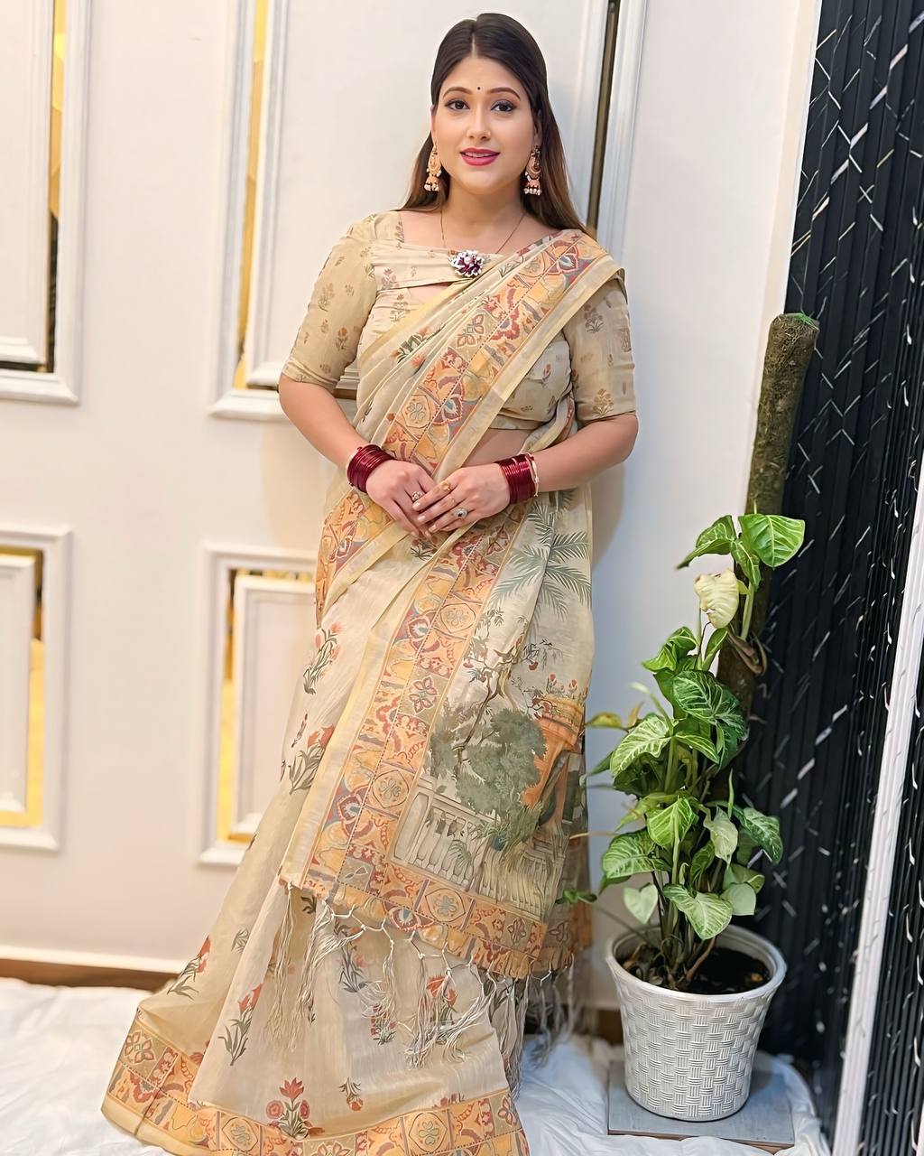 Elegant Beige Linen Saree with Traditional Madhubani-Inspired Print – Ethnic Casual & Festive Wear for Women