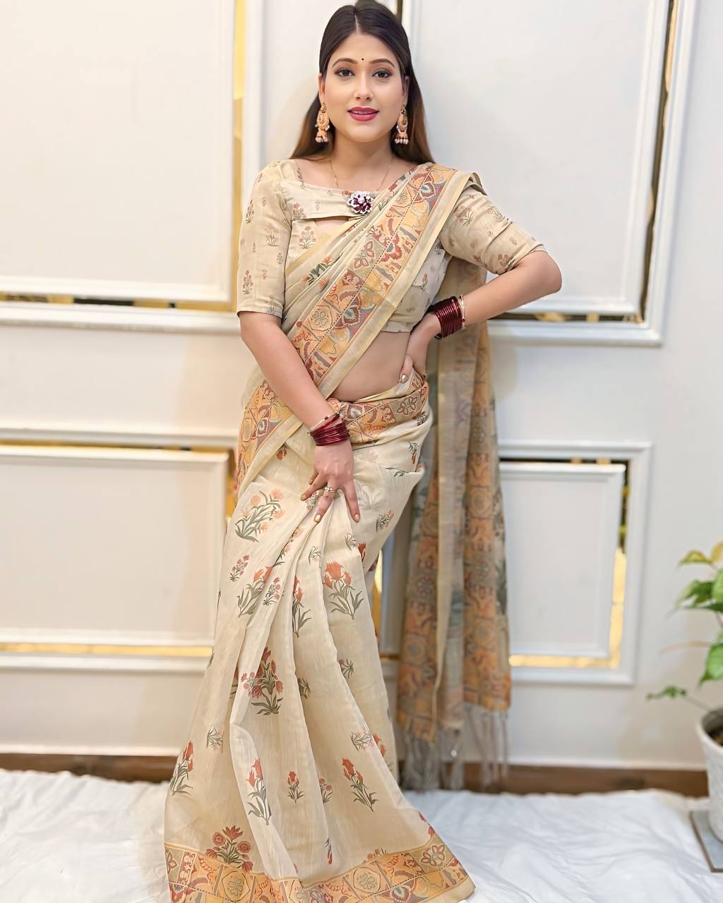 Elegant Beige Linen Saree with Traditional Madhubani-Inspired Print – Ethnic Casual & Festive Wear for Women