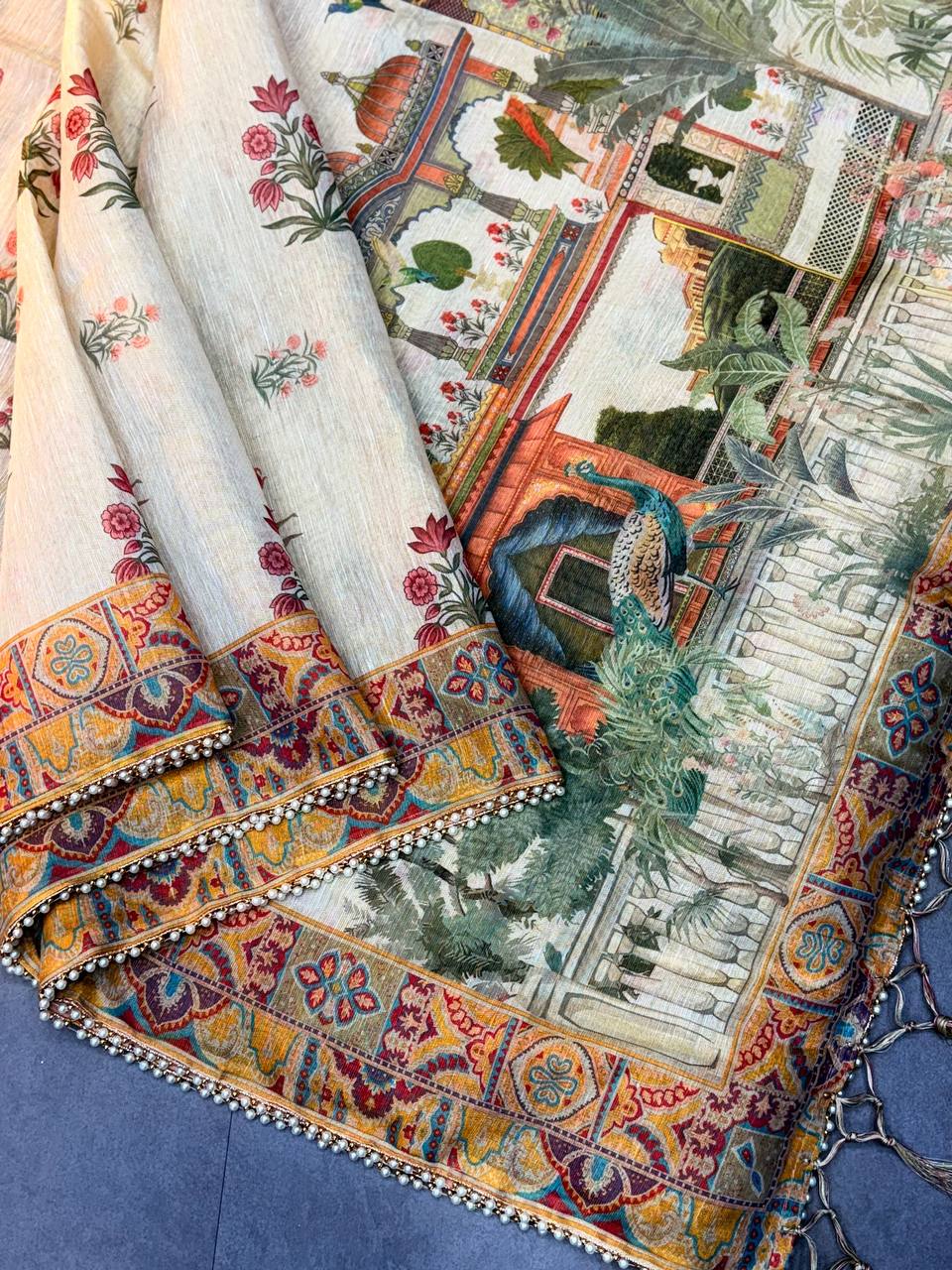 Elegant Beige Linen Saree with Traditional Madhubani-Inspired Print – Ethnic Casual & Festive Wear for Women