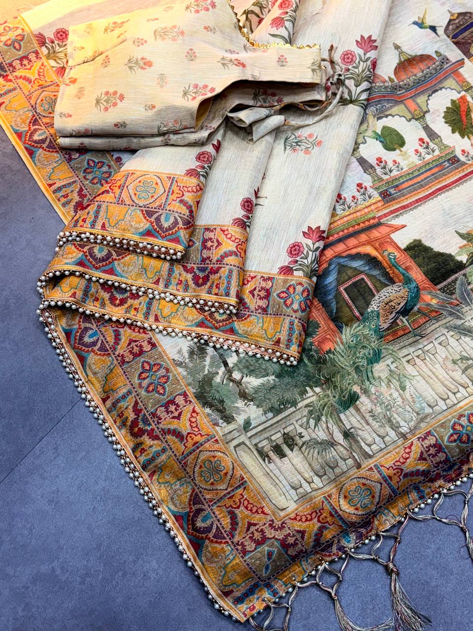 Elegant Beige Linen Saree with Traditional Madhubani-Inspired Print – Ethnic Casual & Festive Wear for Women