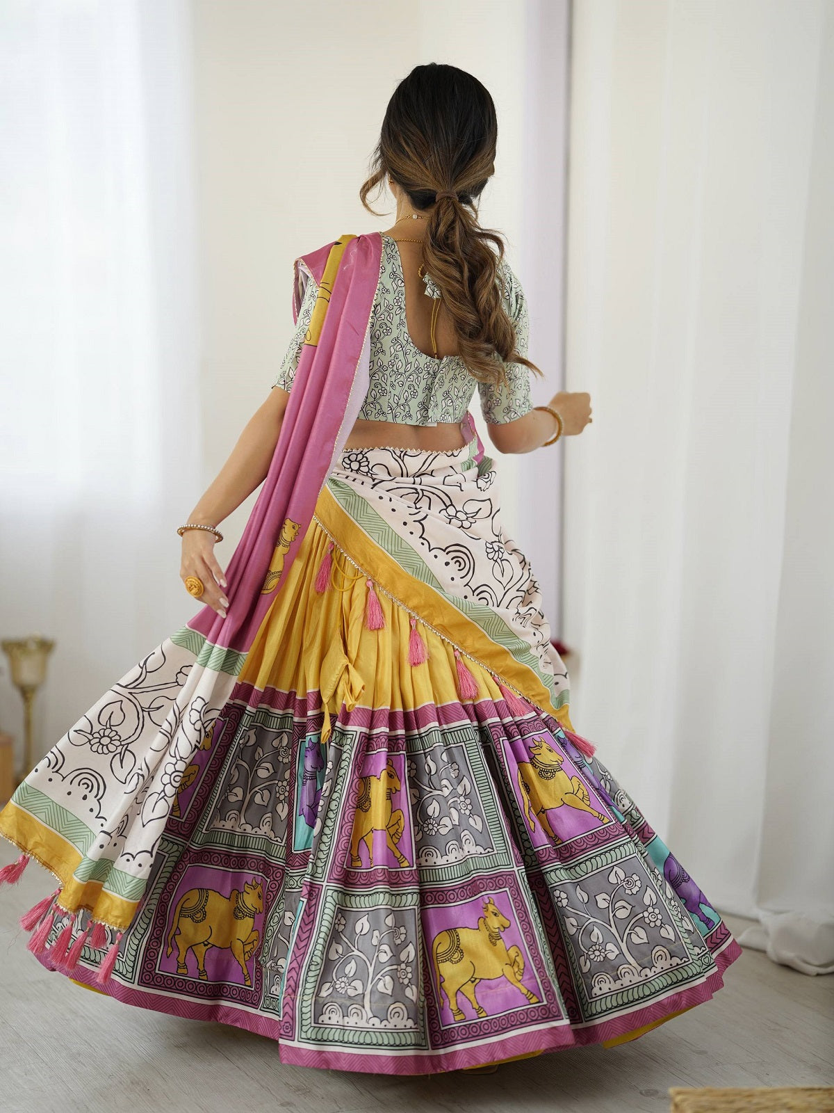 Vibrant Multicolor Handcrafted Lehenga Choli Set with Tribal Horse Print – Festive & Wedding Wear for Women