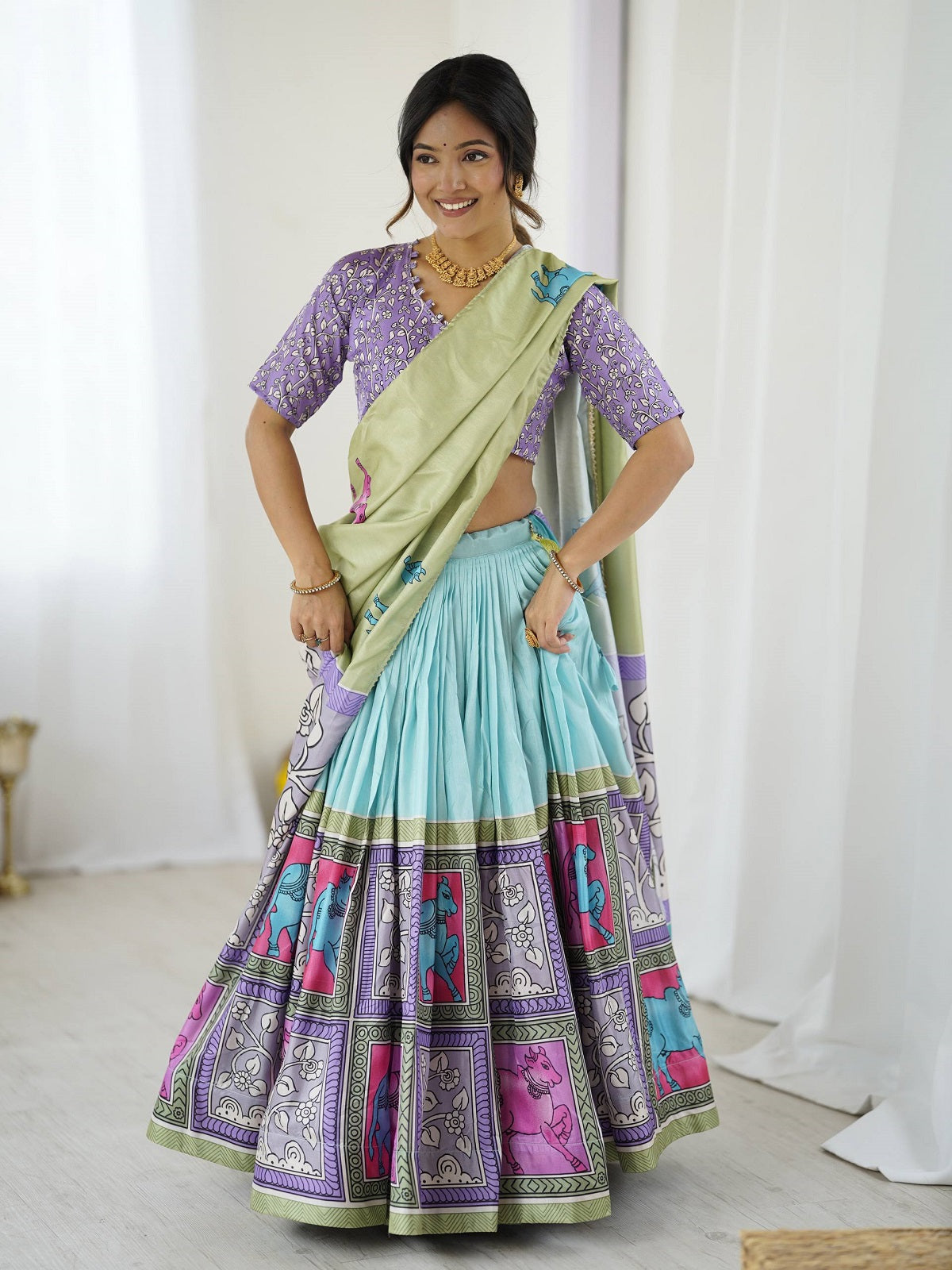 Pastel Multicolor Tribal Horse Print Lehenga Choli Set – Handcrafted Festive Wear for Women
