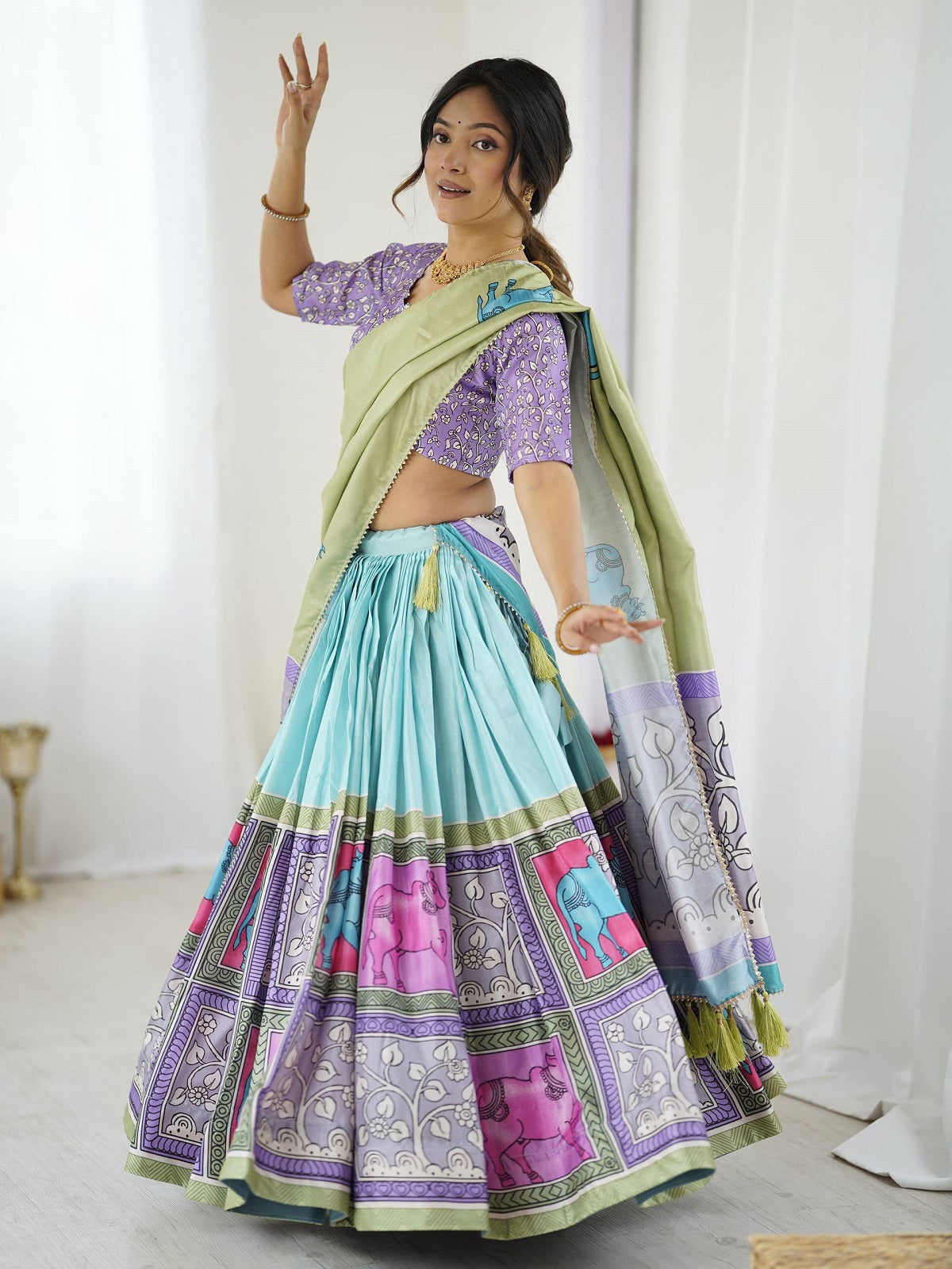 Pastel Multicolor Tribal Horse Print Lehenga Choli Set – Handcrafted Festive Wear for Women