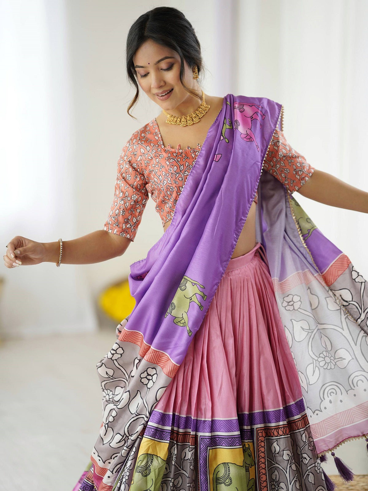 Designer Handcrafted Lehenga Set – Pink & Purple With Elephant Motif and Mirror Work Blouse
