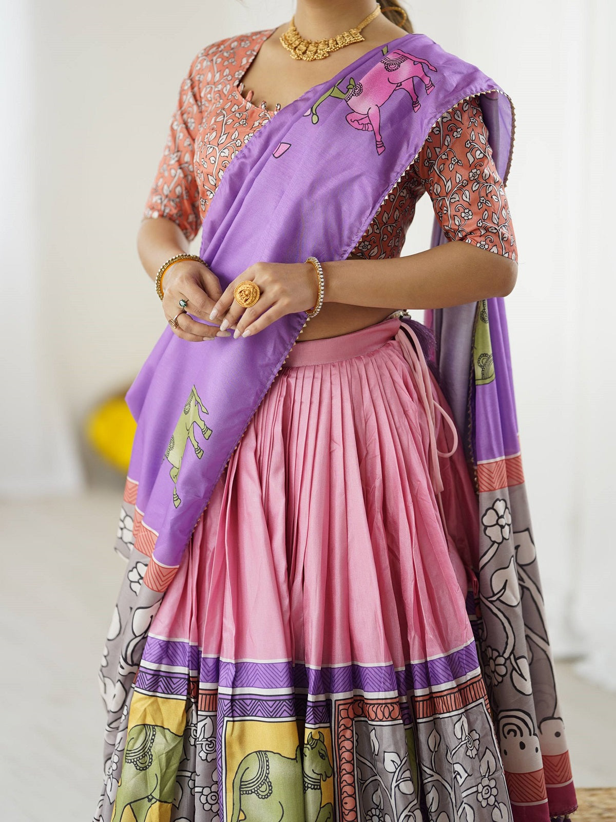 Designer Handcrafted Lehenga Set – Pink & Purple With Elephant Motif and Mirror Work Blouse