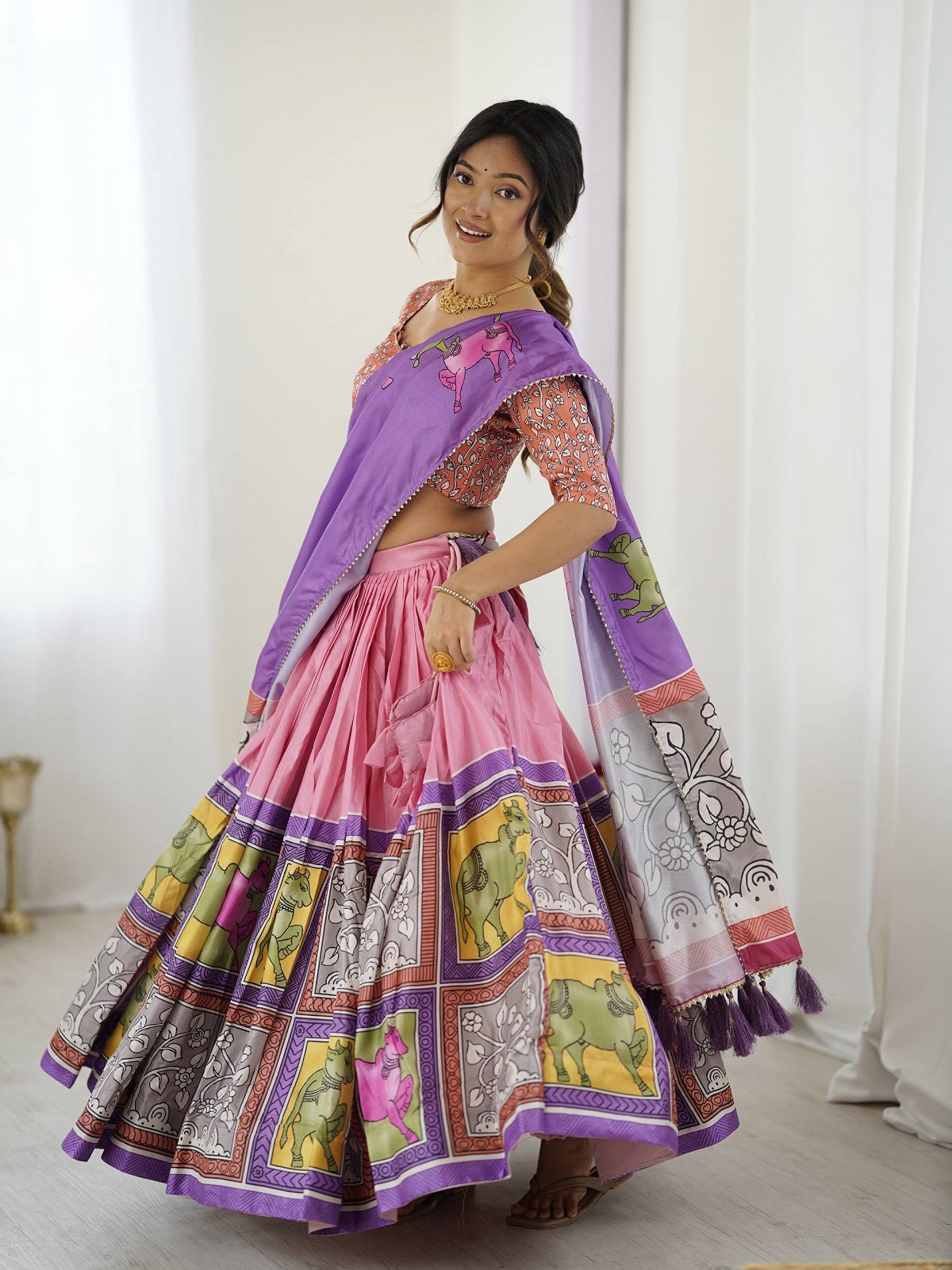 Designer Handcrafted Lehenga Set – Pink & Purple With Elephant Motif and Mirror Work Blouse