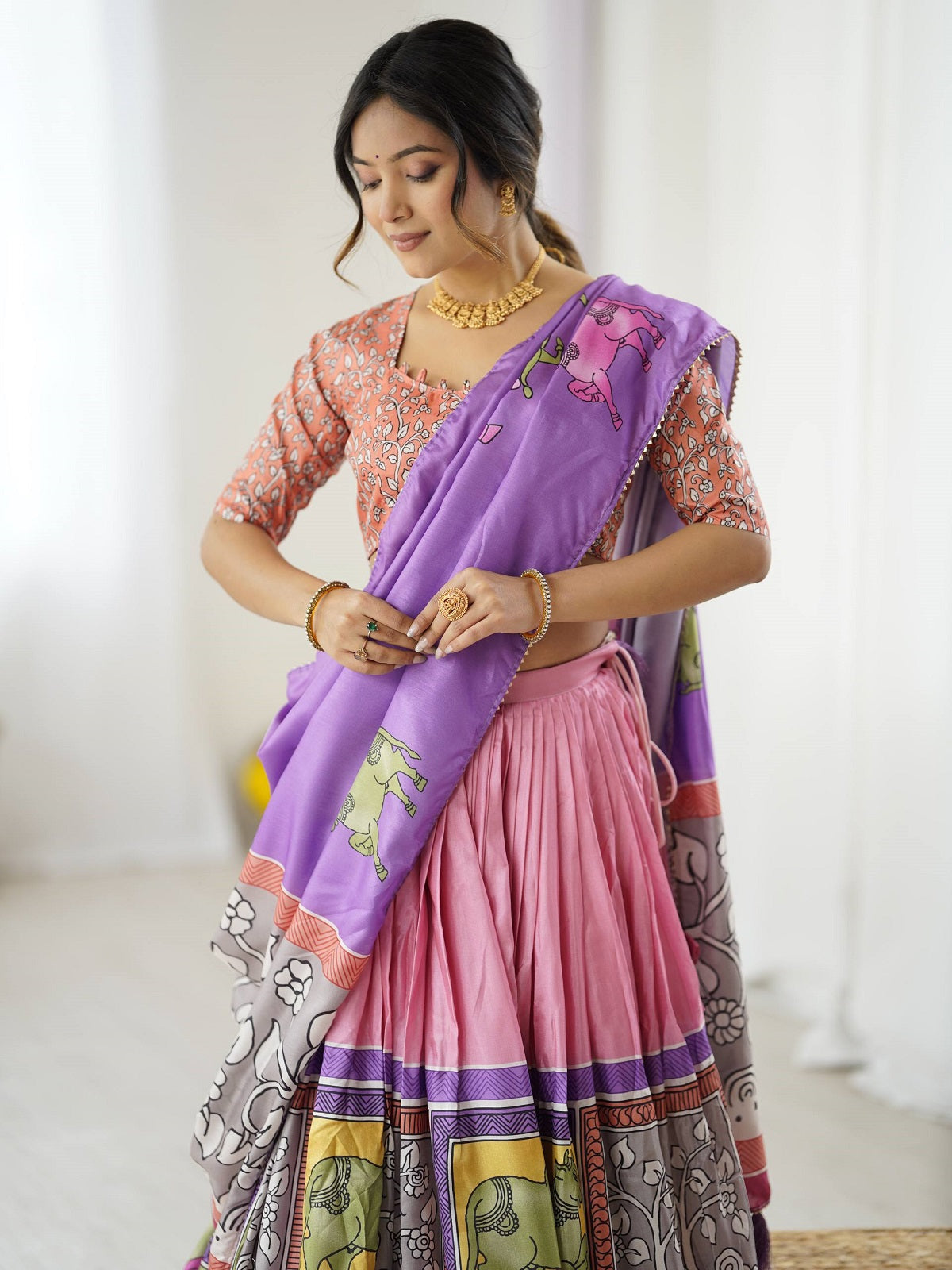 Designer Handcrafted Lehenga Set – Pink & Purple With Elephant Motif and Mirror Work Blouse