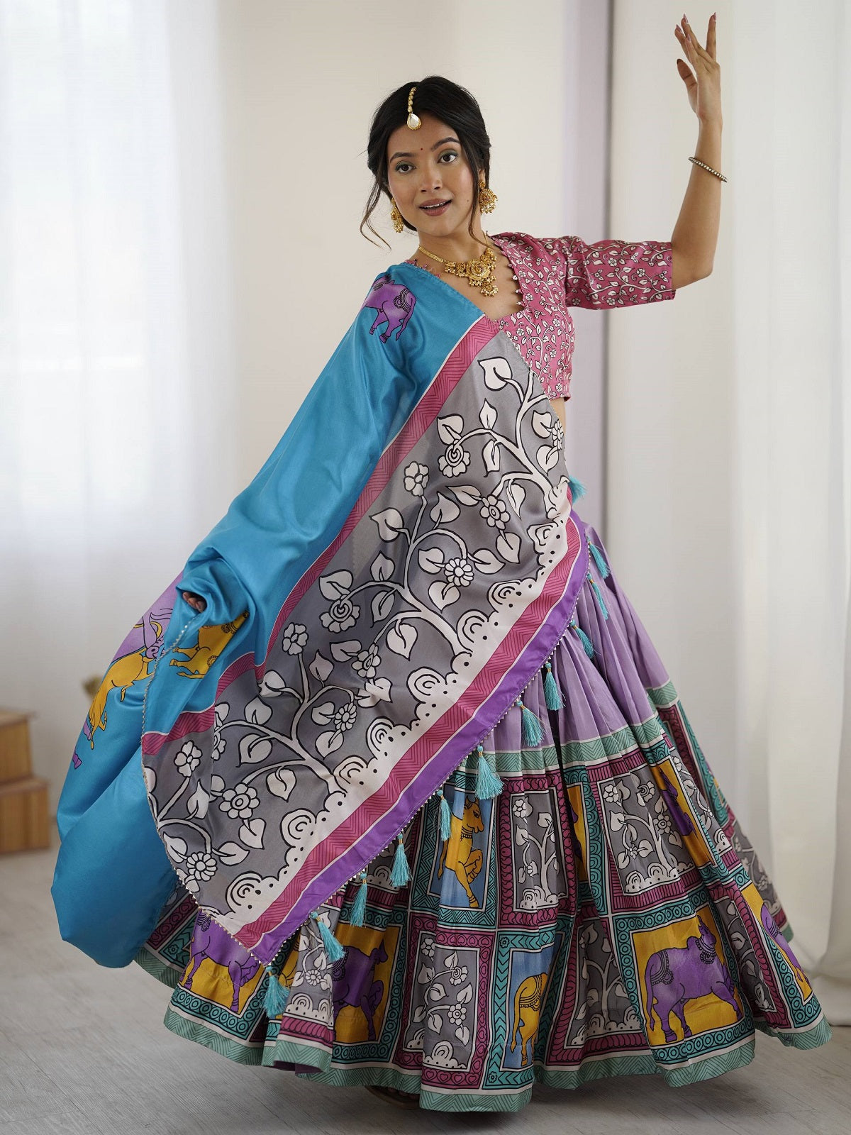 Vibrant Multicolor Traditional Lehenga Set with Blue Dupatta & Animal Block Prints – Festive Ethnic Wear