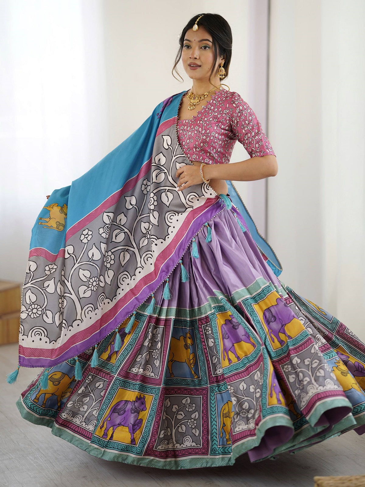 Vibrant Multicolor Traditional Lehenga Set with Blue Dupatta & Animal Block Prints – Festive Ethnic Wear