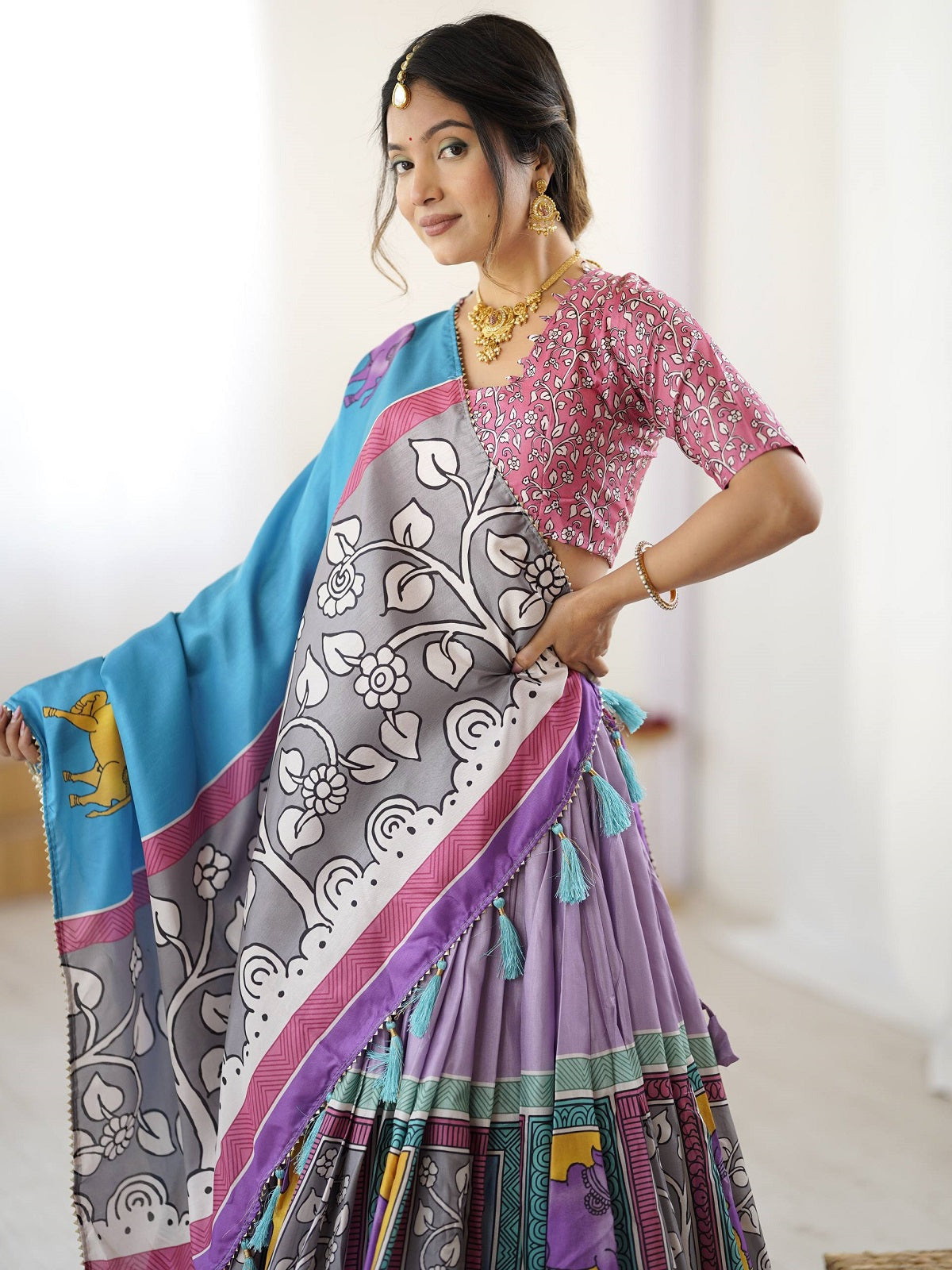 Vibrant Multicolor Traditional Lehenga Set with Blue Dupatta & Animal Block Prints – Festive Ethnic Wear
