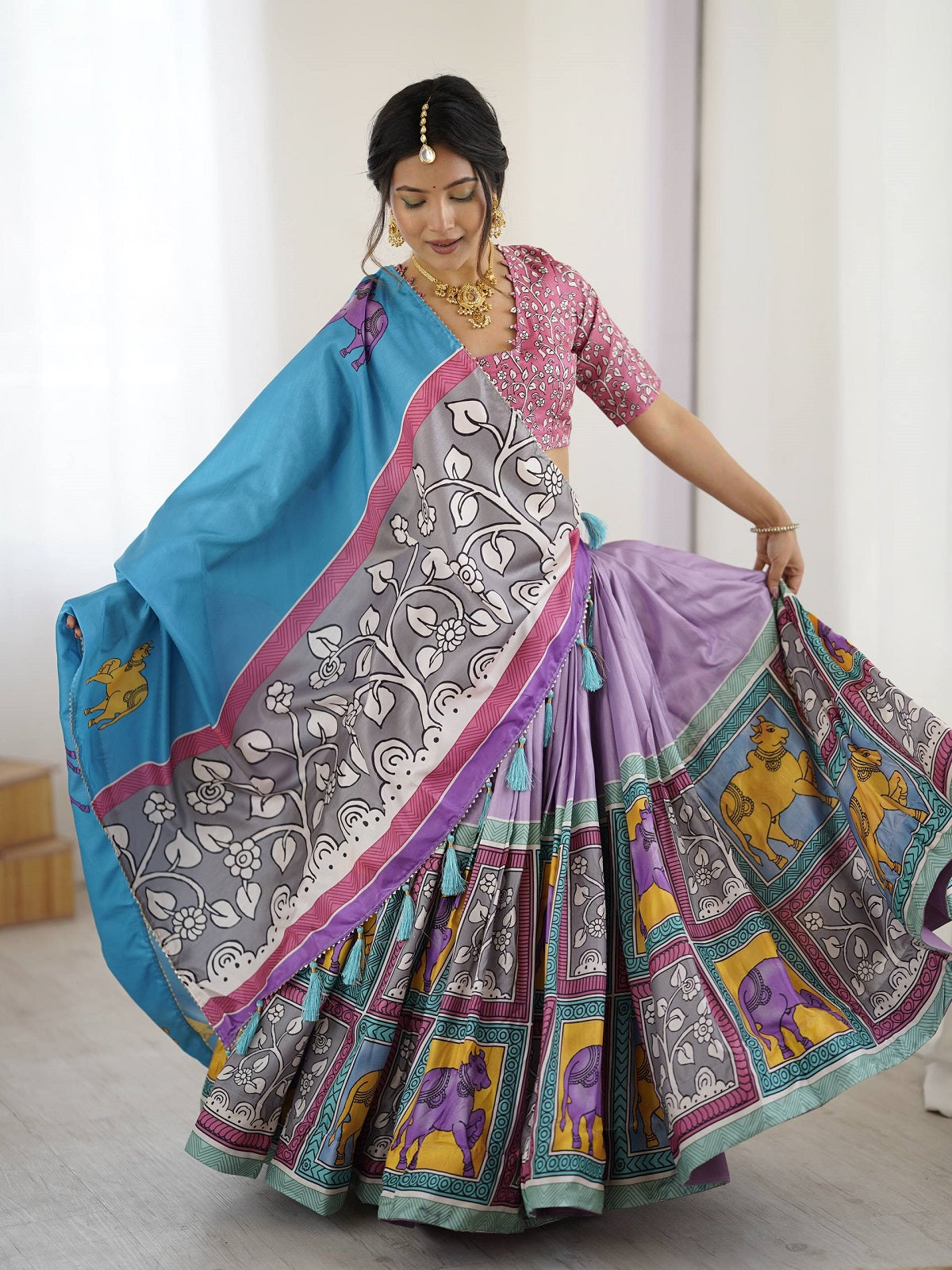 Vibrant Multicolor Traditional Lehenga Set with Blue Dupatta & Animal Block Prints – Festive Ethnic Wear