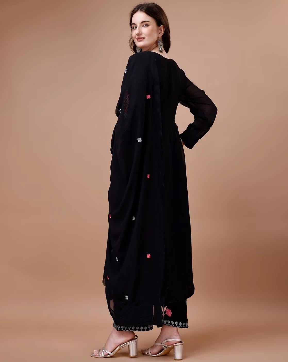 Designer Black Kurta Pant Set with Colorful Floral Embroidery & Chiffon Dupatta
