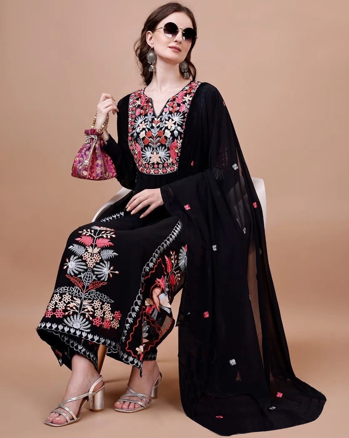 Designer Black Kurta Pant Set with Colorful Floral Embroidery & Chiffon Dupatta