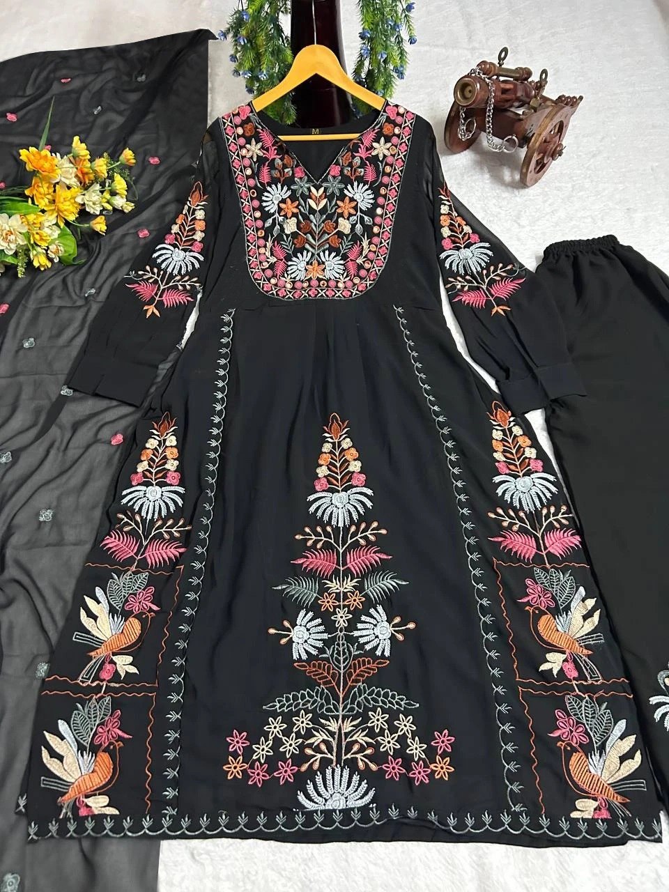 Designer Black Kurta Pant Set with Colorful Floral Embroidery & Chiffon Dupatta