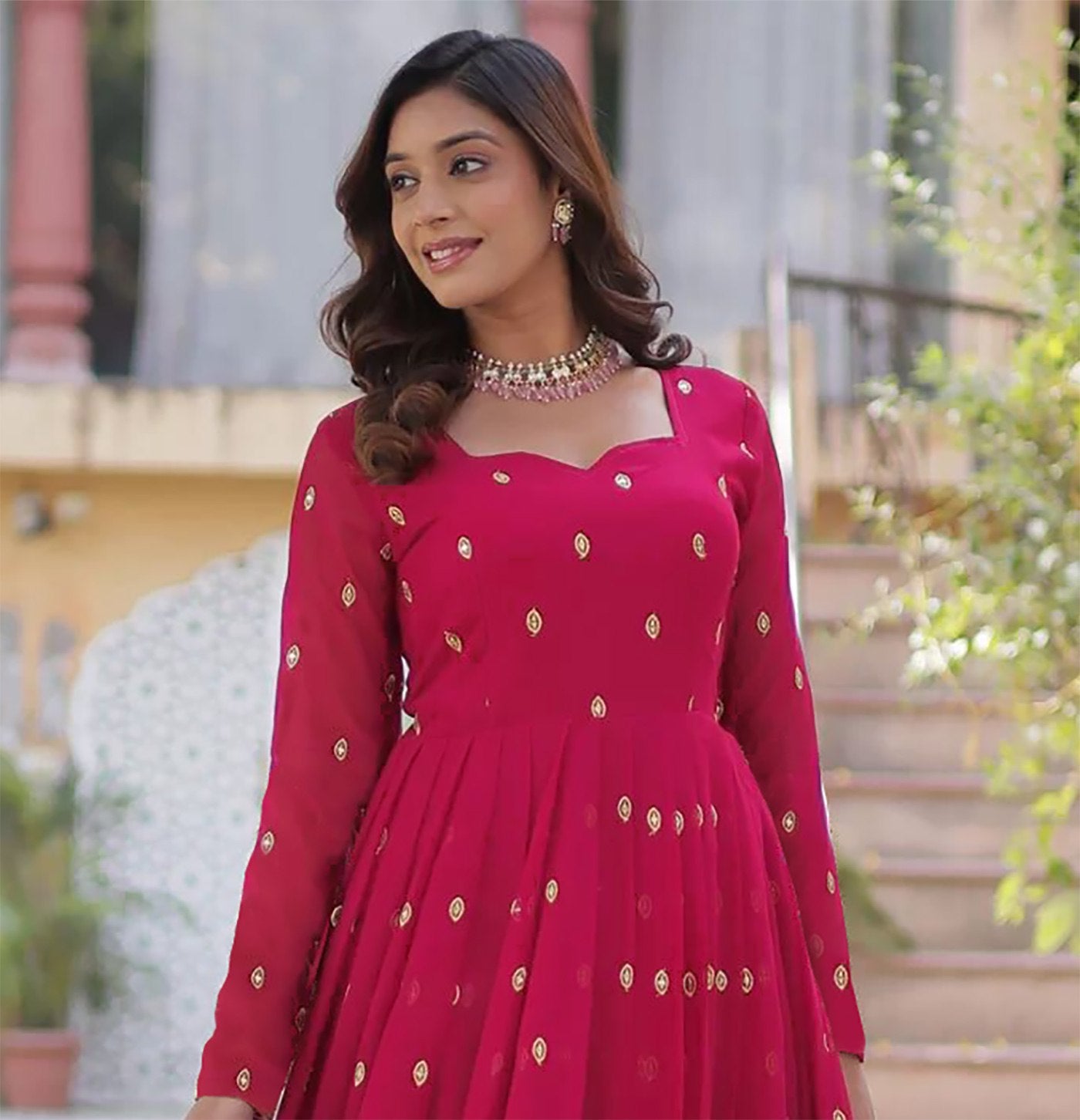 Regal Raspberry Pink Anarkali Gown with Embroidered Dupatta