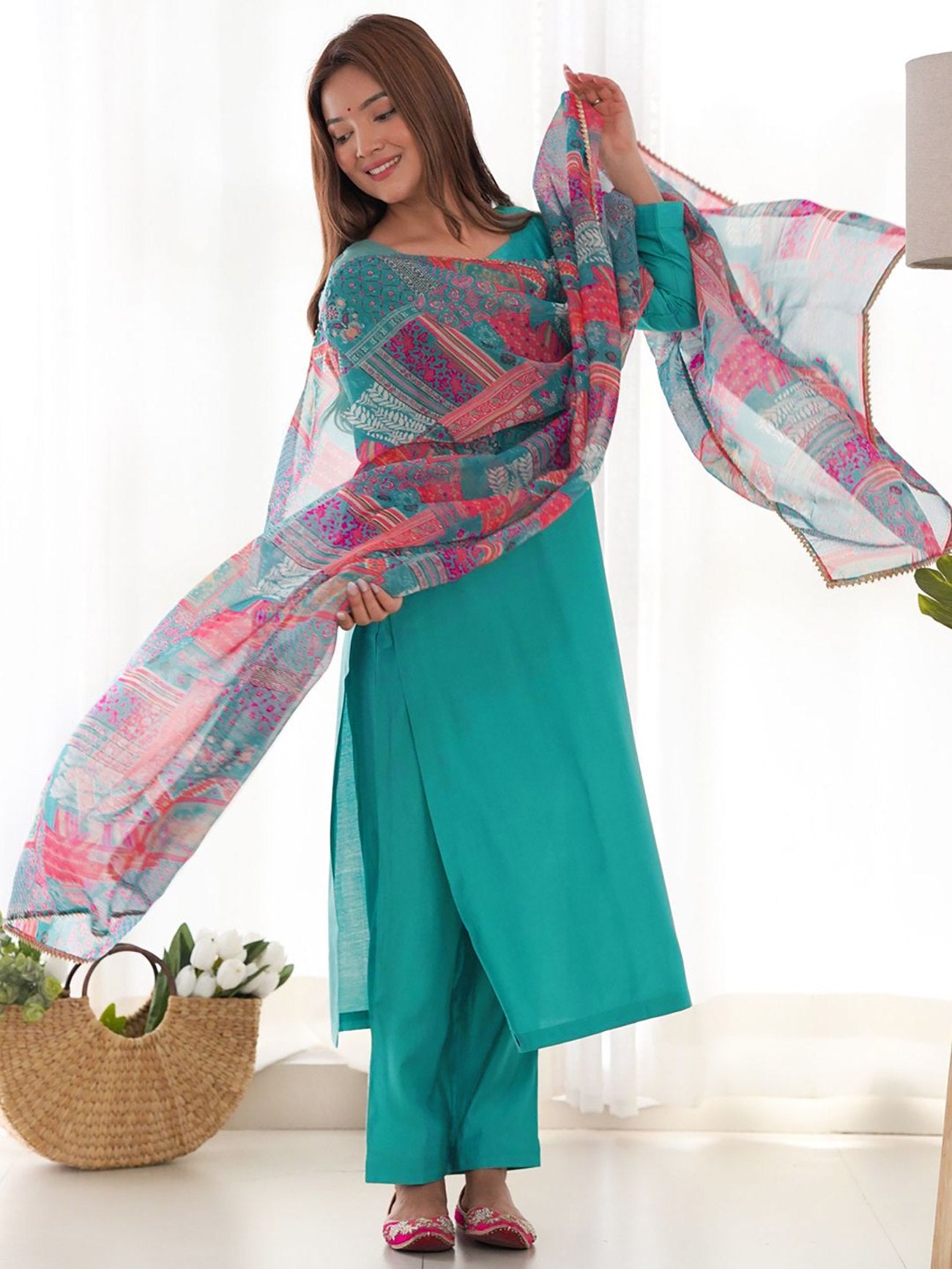 Elegant Turquoise Straight Kurta with Vibrant Dupatta – Ethnic Wear for Women
