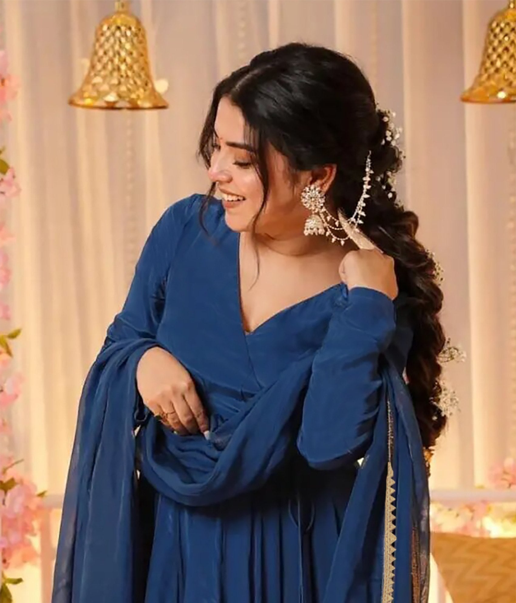 Elegant Royal Blue Embroidered Anarkali Gown with Dupatta