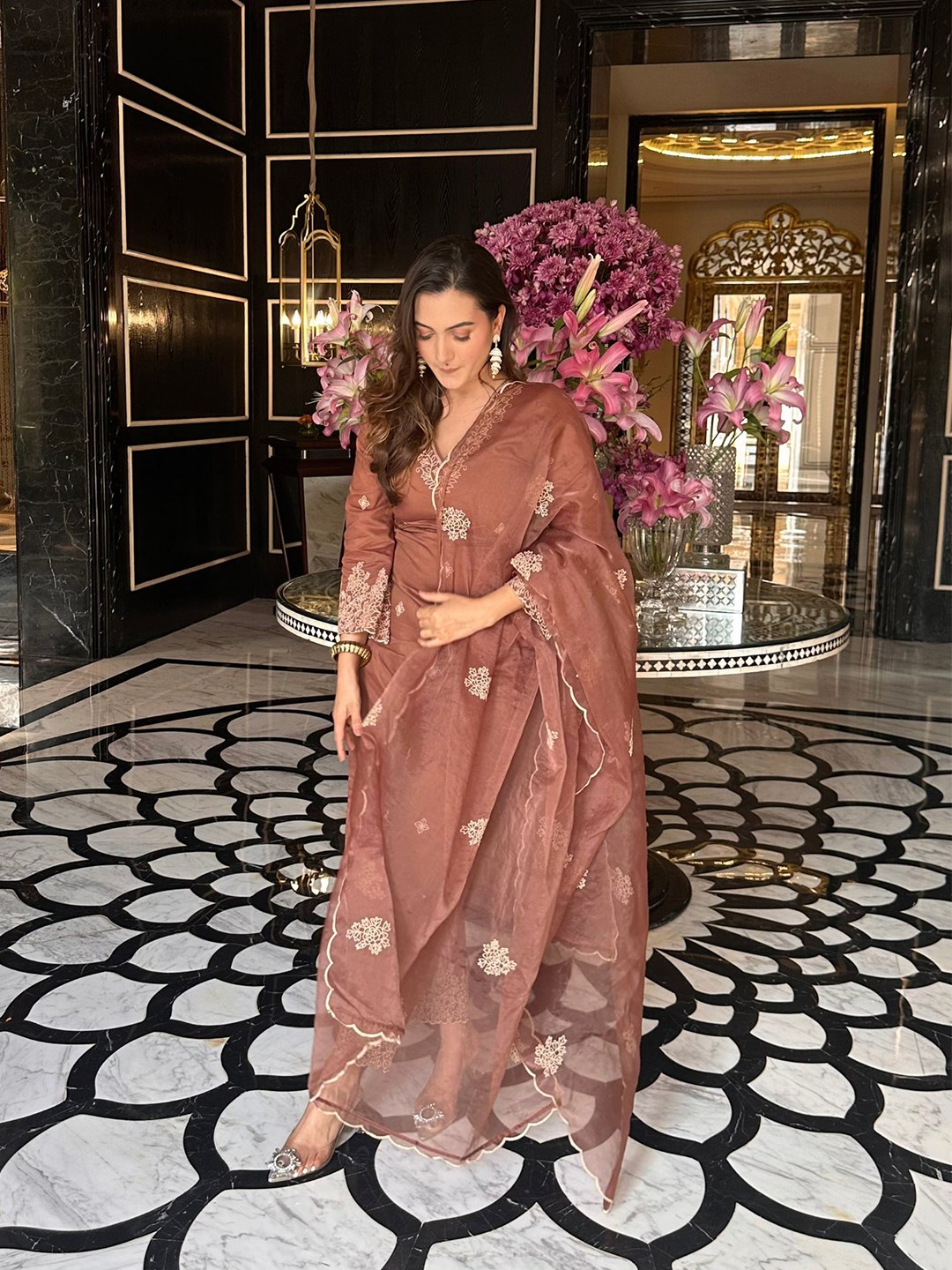 brown embroidered kurta set with dupatta, graceful ethnic wear for women