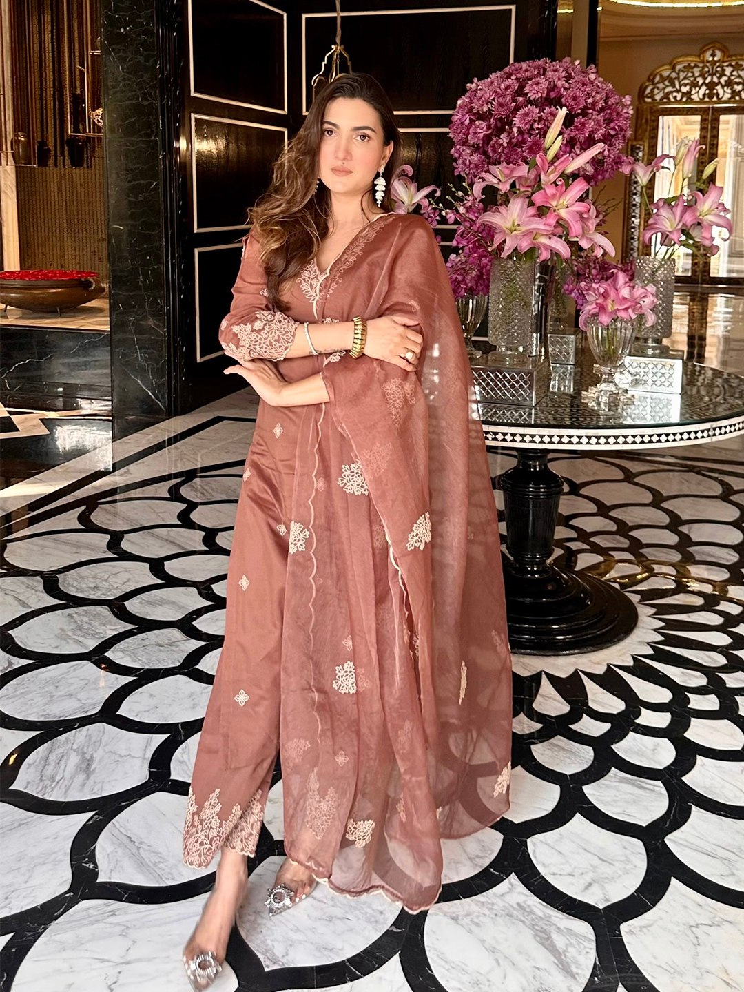 brown embroidered kurta set with dupatta, graceful ethnic wear for women