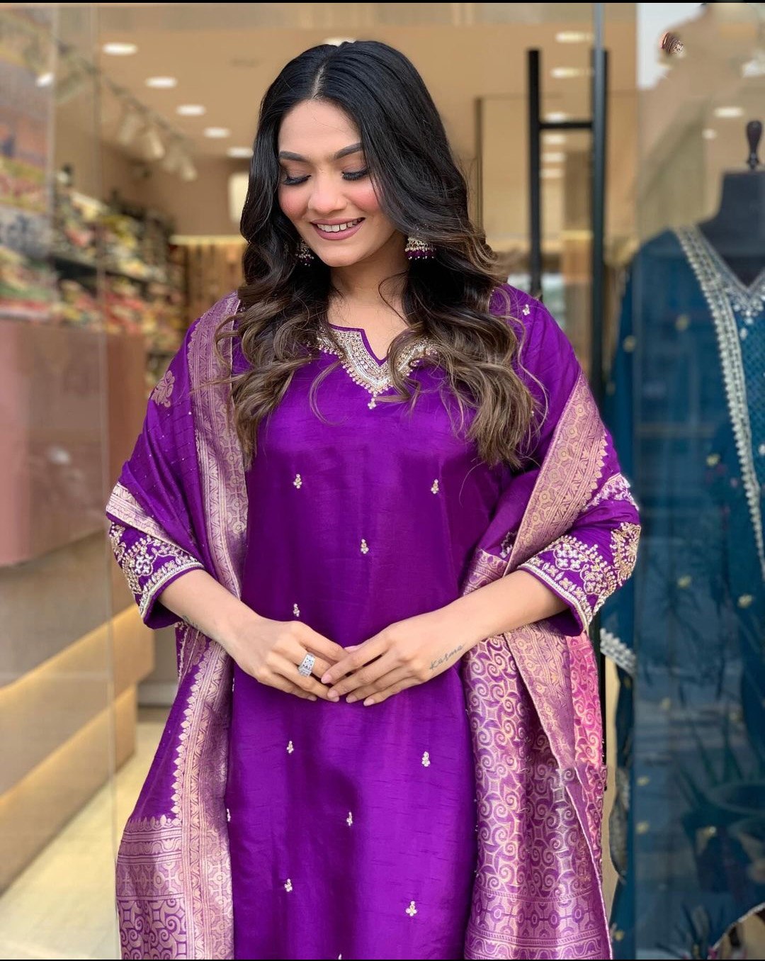 Elegant Purple Silk Kurta Set with Banarasi Dupatta – Festive Wear for Women
