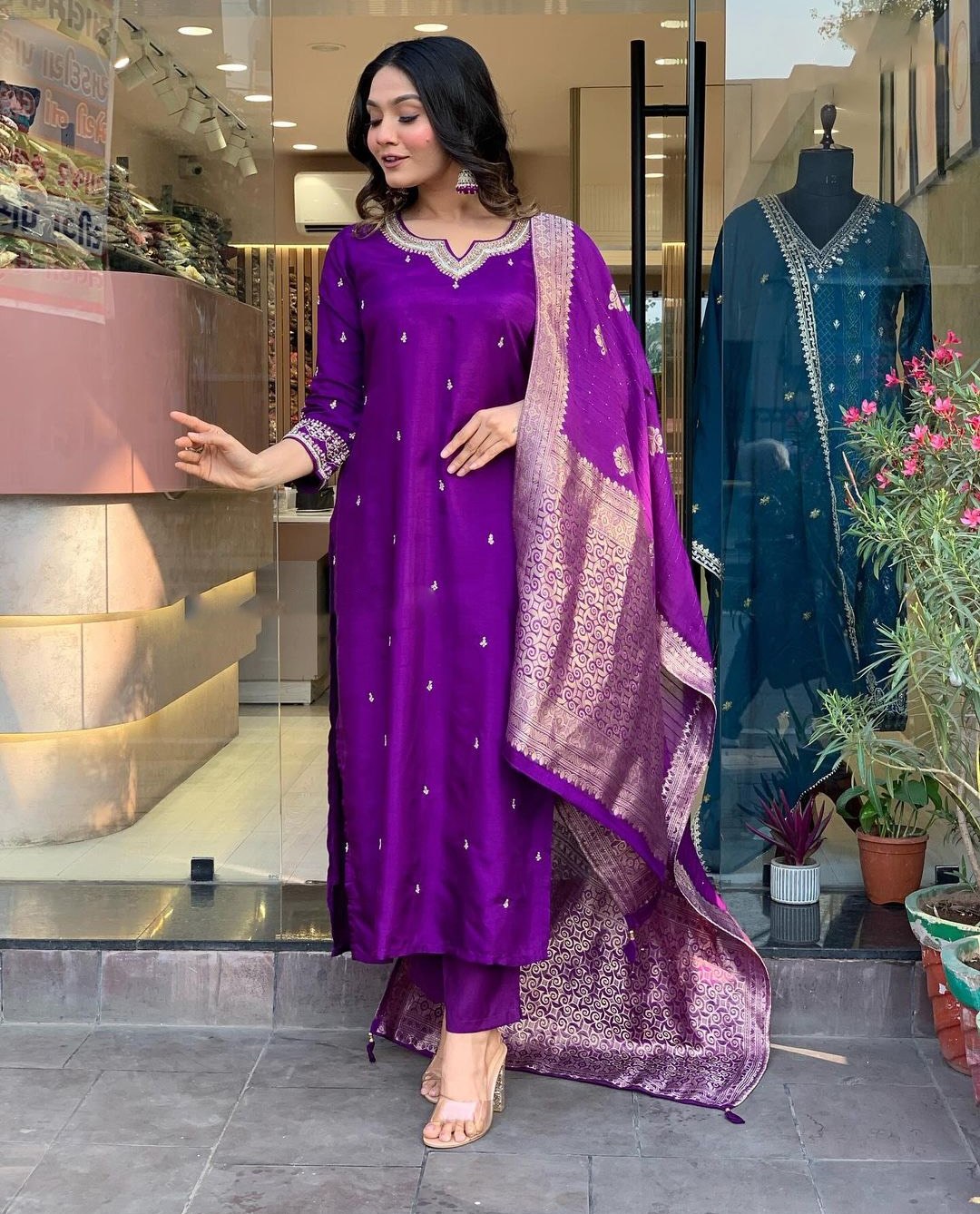 Elegant Purple Silk Kurta Set with Banarasi Dupatta – Festive Wear for Women