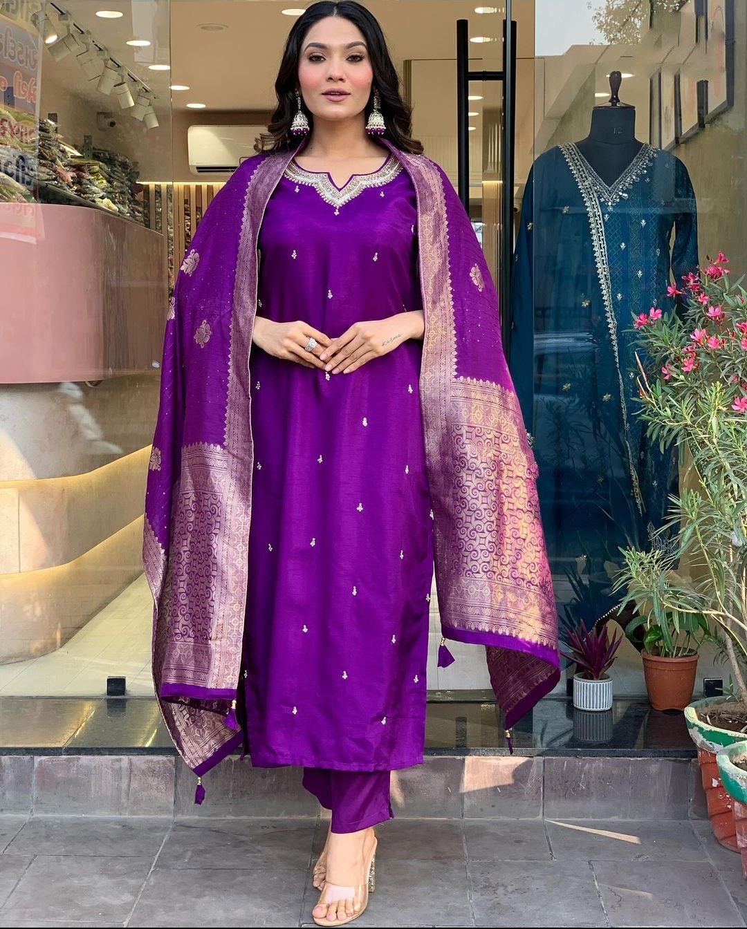 Elegant Purple Silk Kurta Set with Banarasi Dupatta – Festive Wear for Women