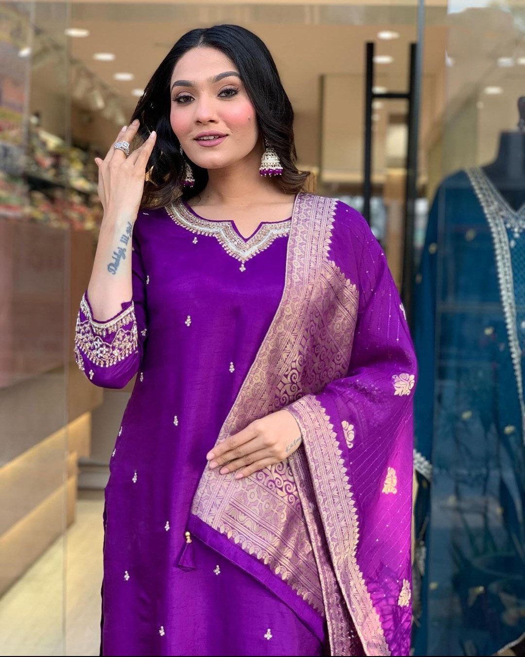 Elegant Purple Silk Kurta Set with Banarasi Dupatta – Festive Wear for Women