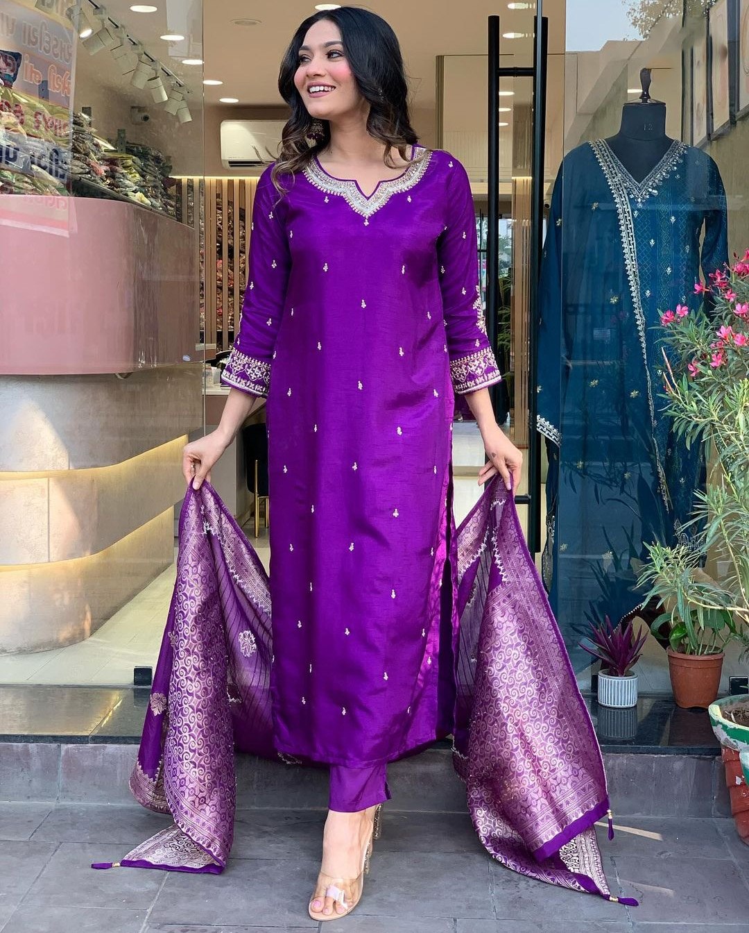 Elegant Purple Silk Kurta Set with Banarasi Dupatta – Festive Wear for Women