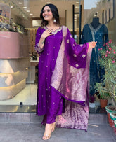 Elegant Purple Silk Kurta Set with Banarasi Dupatta – Festive Wear for Women