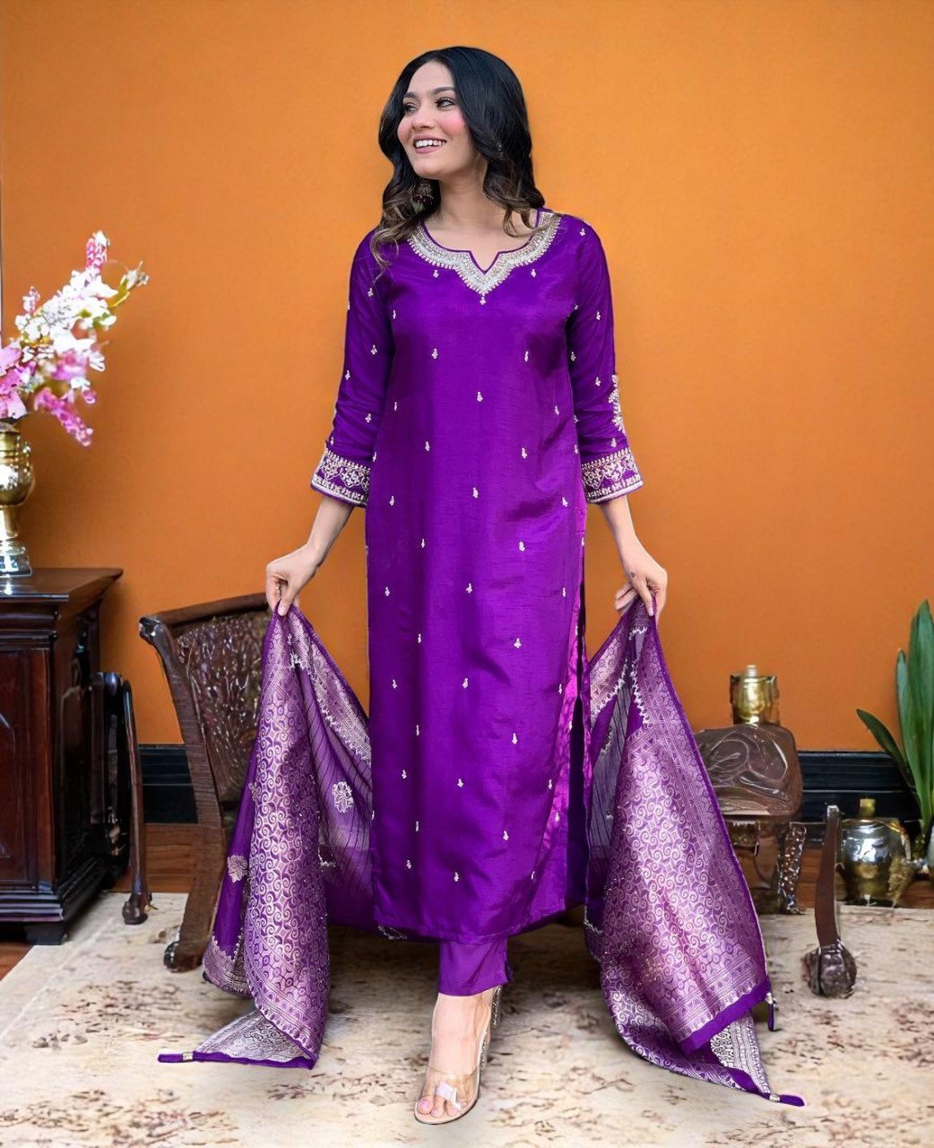 Elegant Purple Silk Kurta Set with Banarasi Dupatta – Festive Wear for Women