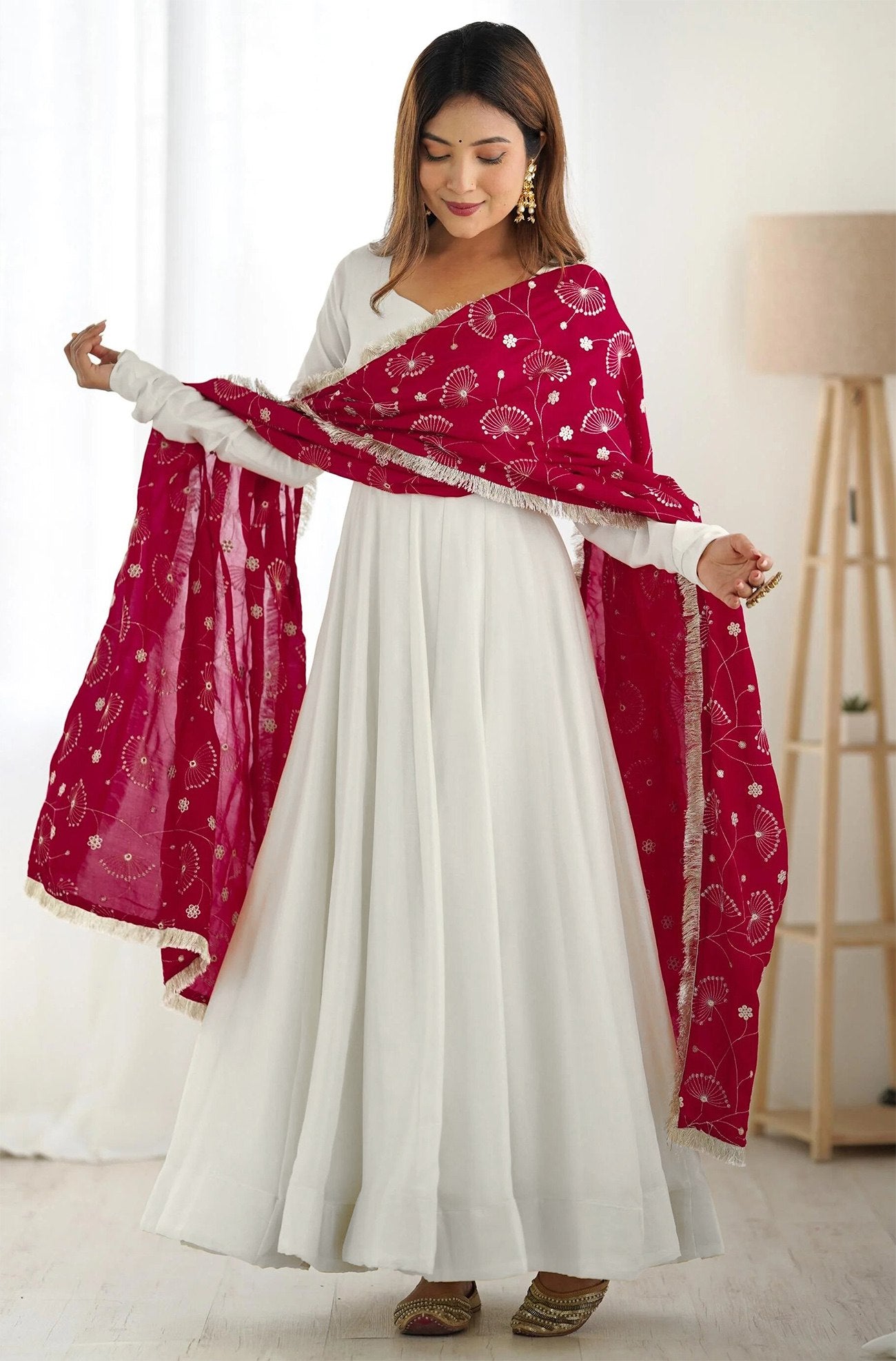 Stunning White Anarkali with Embroidered Maroon Dupatta