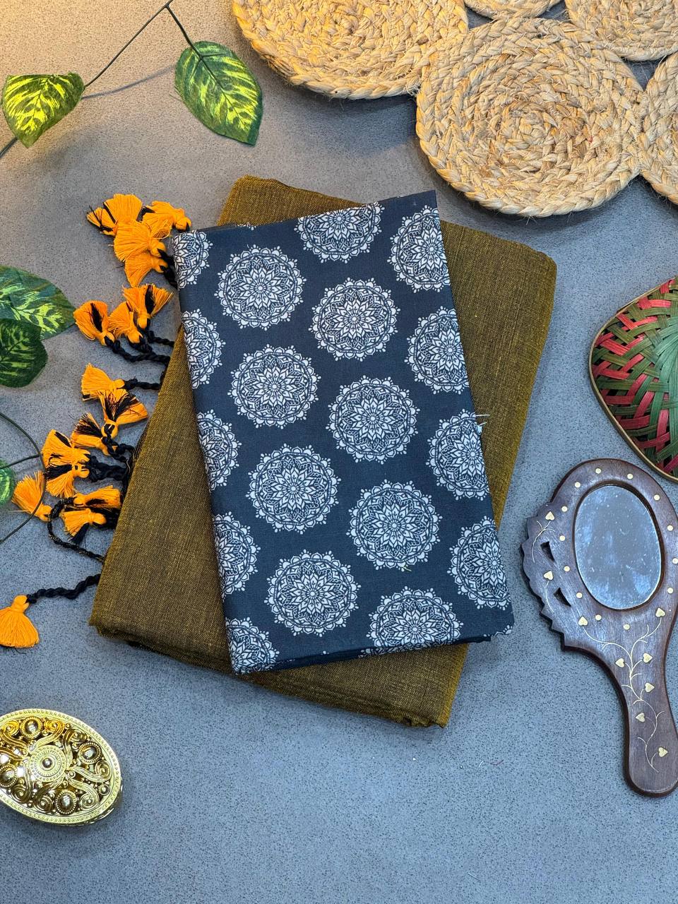 Brown Cotton Saree with Printed Blouse – Soft & Breathable Fabric