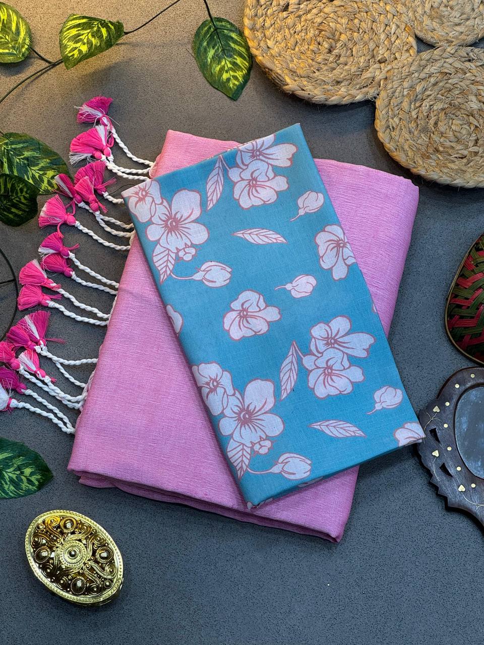 Pink Cotton Saree with Printed Blouse – Soft & Breathable Fabric