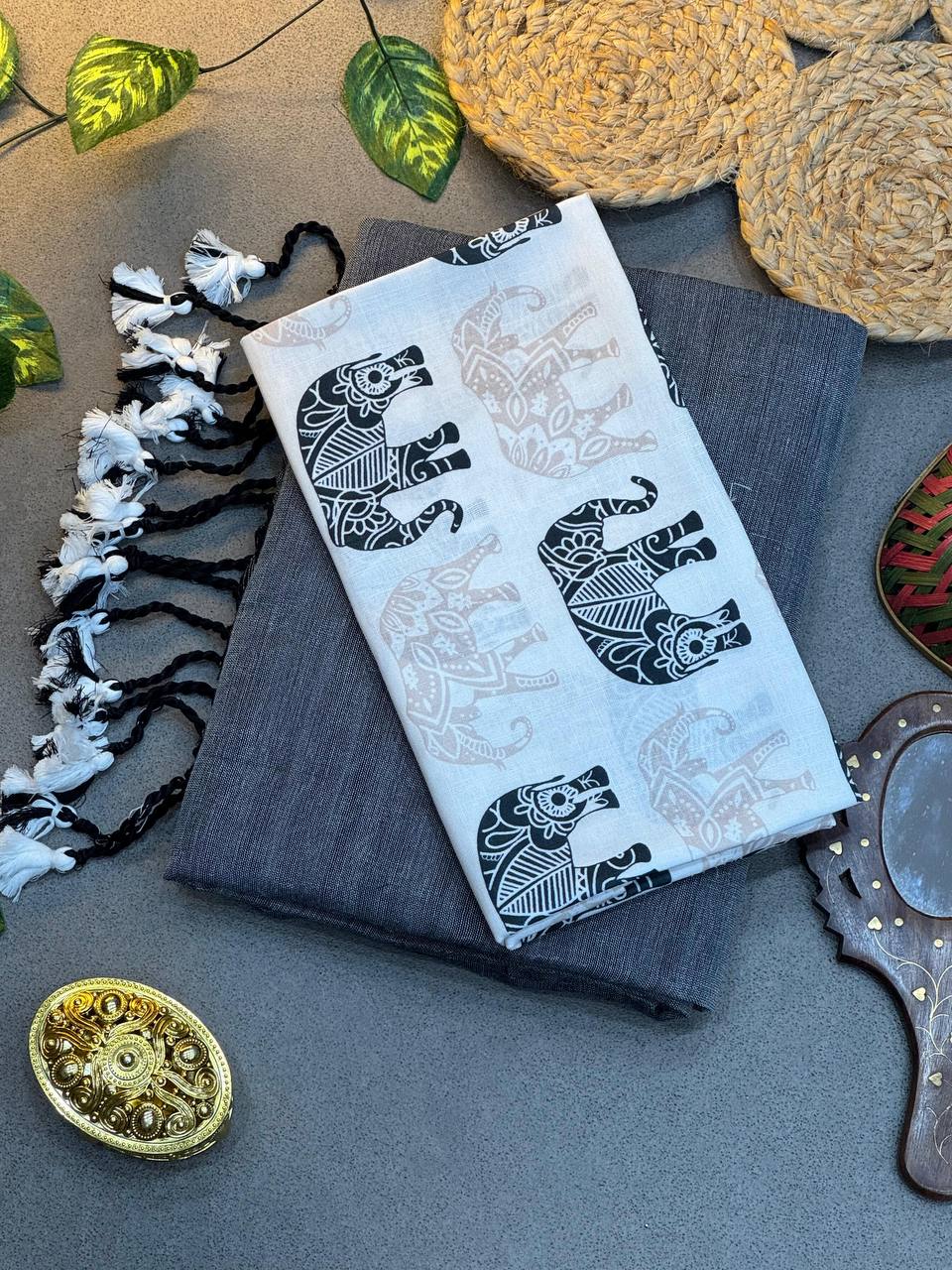 Grey Cotton Saree with Printed Blouse – Soft & Breathable Fabric