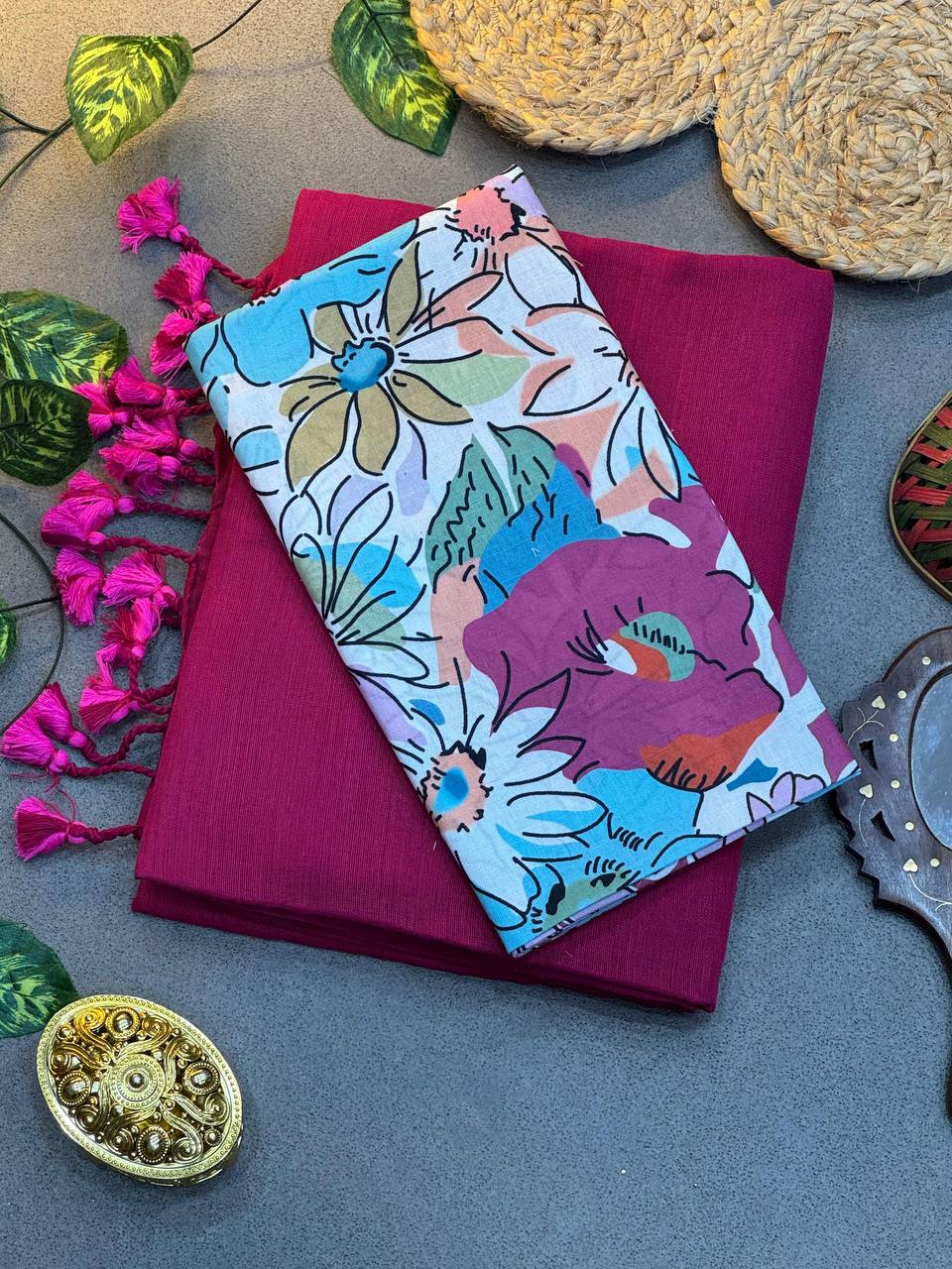 Dark Pink Cotton Saree with Printed Blouse – Soft & Breathable Fabric