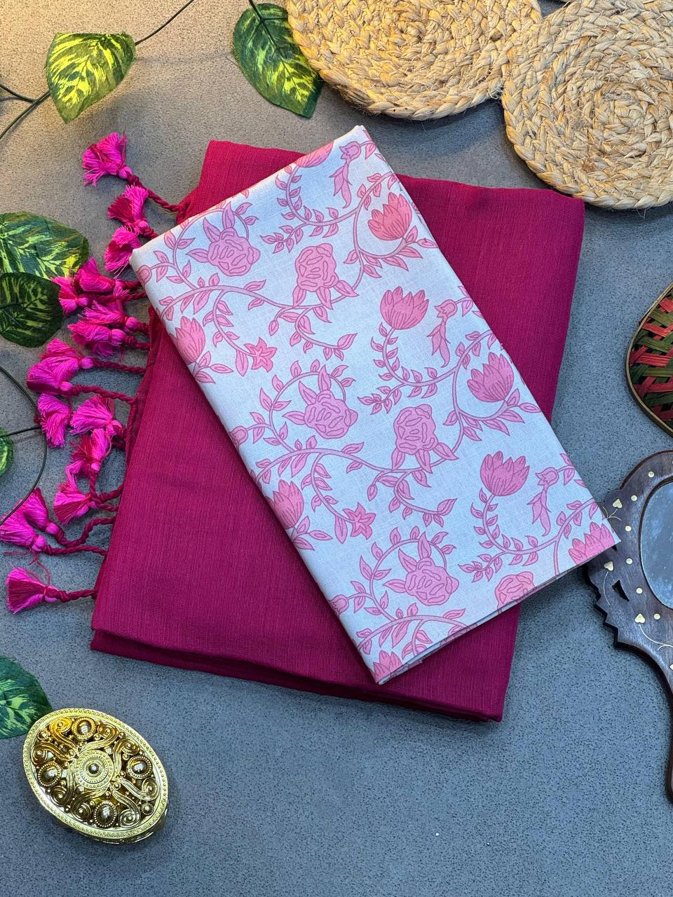 Rani Pink Cotton Saree with Printed Blouse – Soft & Breathable Fabric