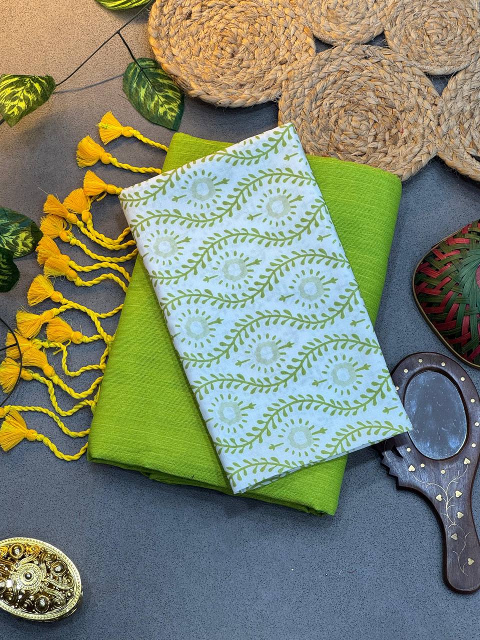 Parrot Green Cotton Saree with Printed Blouse – Soft & Breathable Fabric