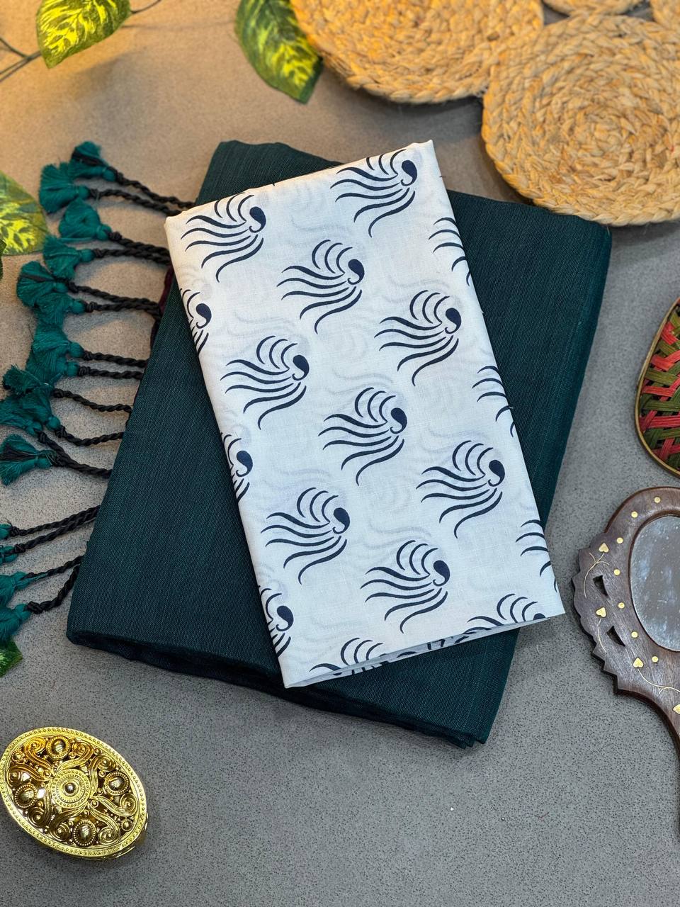 Rama Cotton Saree with Printed Blouse – Soft & Breathable Fabric