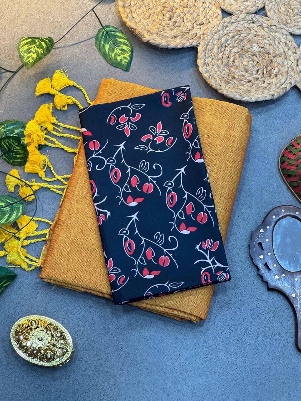 Golden Cotton Saree with Printed Blouse – Soft & Breathable Fabric