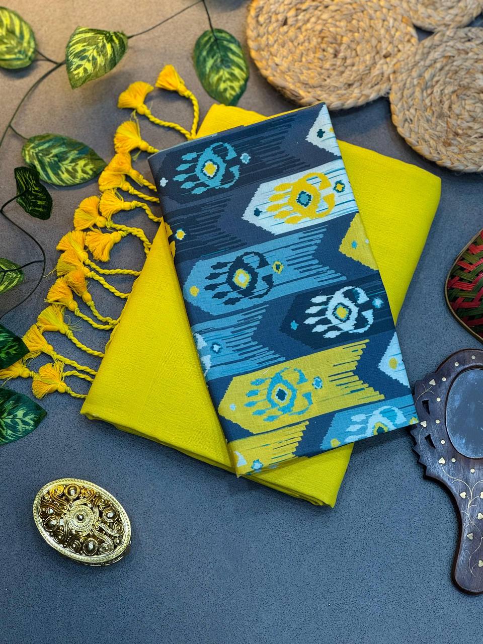 Parrot Cotton Saree with Printed Blouse – Soft & Breathable Fabric