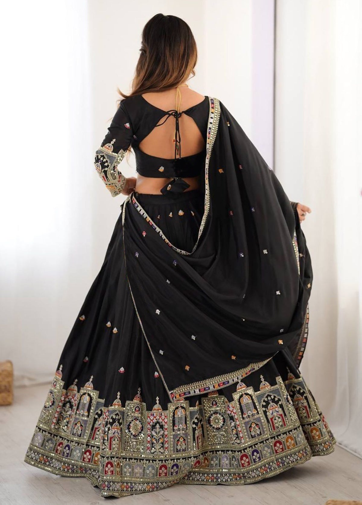 Designer Black Embroidered Lehenga Choli with Heavy Heritage Border & Dupatta