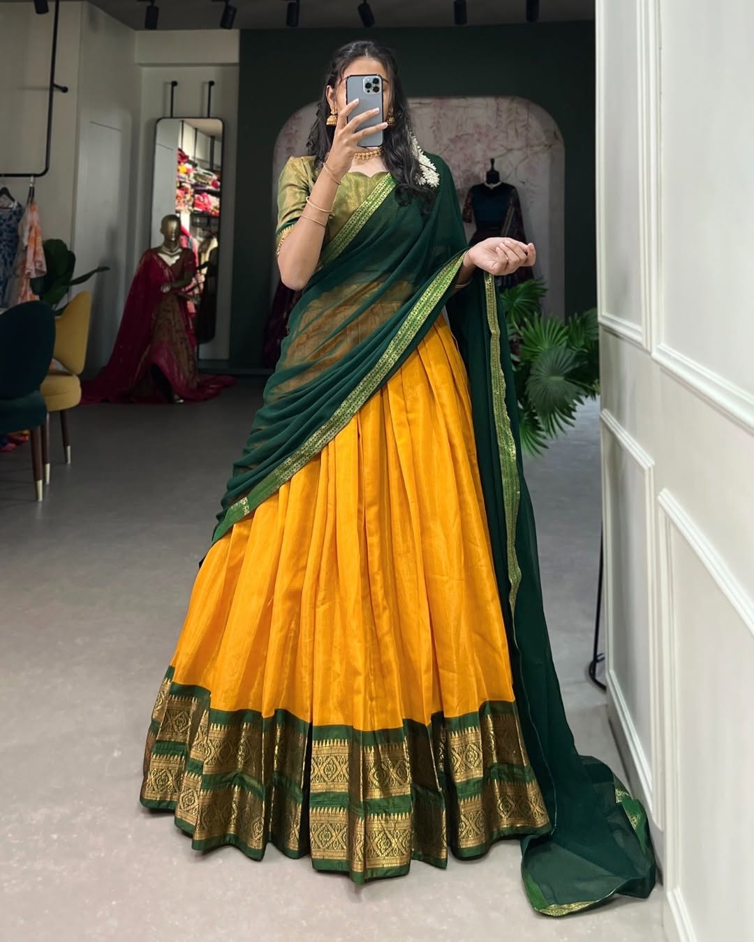 Mustard Yellow Silk Lehenga Choli with Green Dupatta & Zari Border