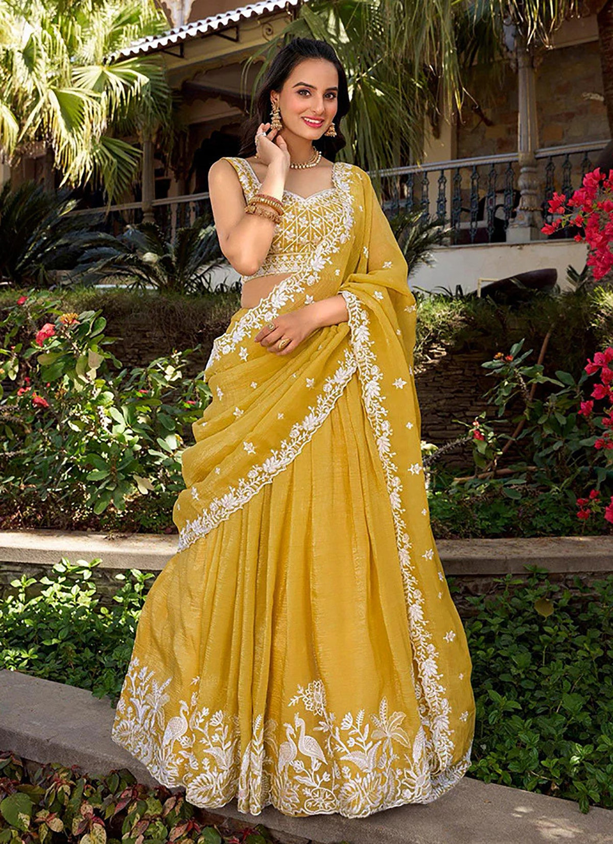 Mustard Yellow Embroidered Lehenga Choli with White Thread Work & Dupatta
