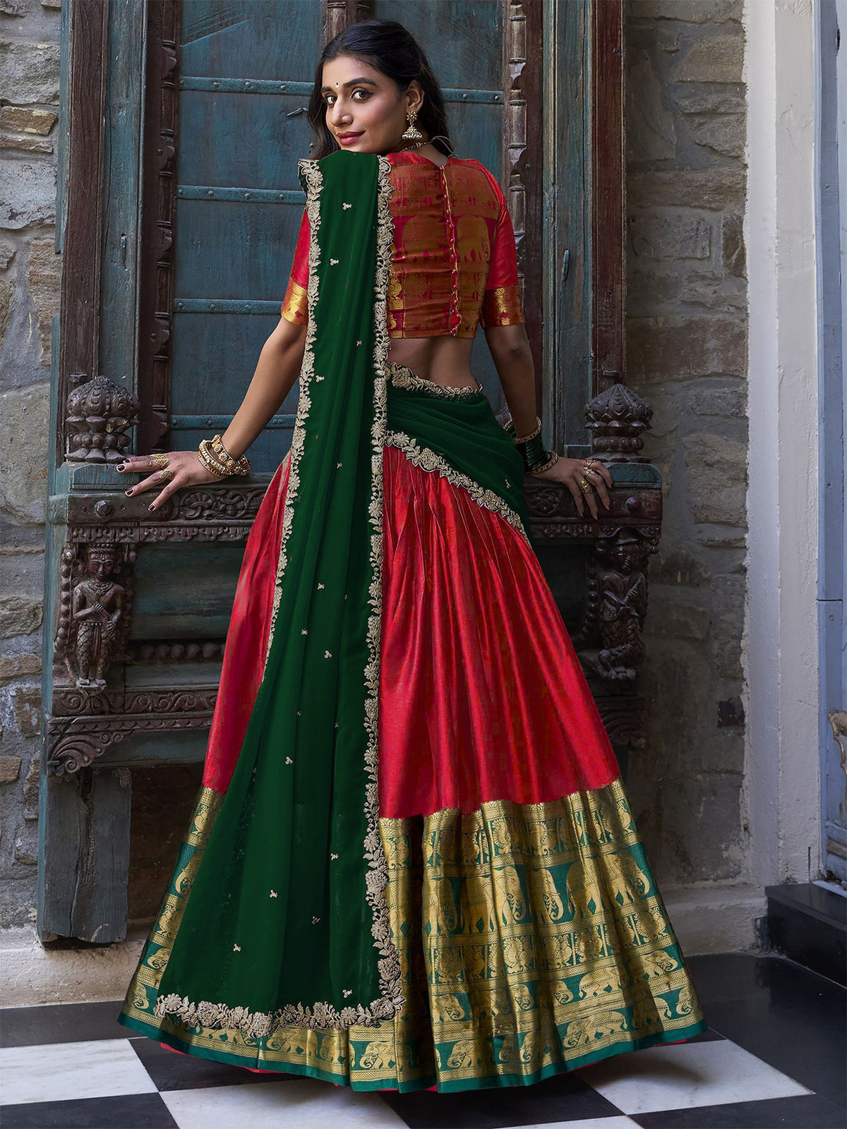 Red & Green Silk Lehenga Choli with Zari Border and Embroidered Dupatta