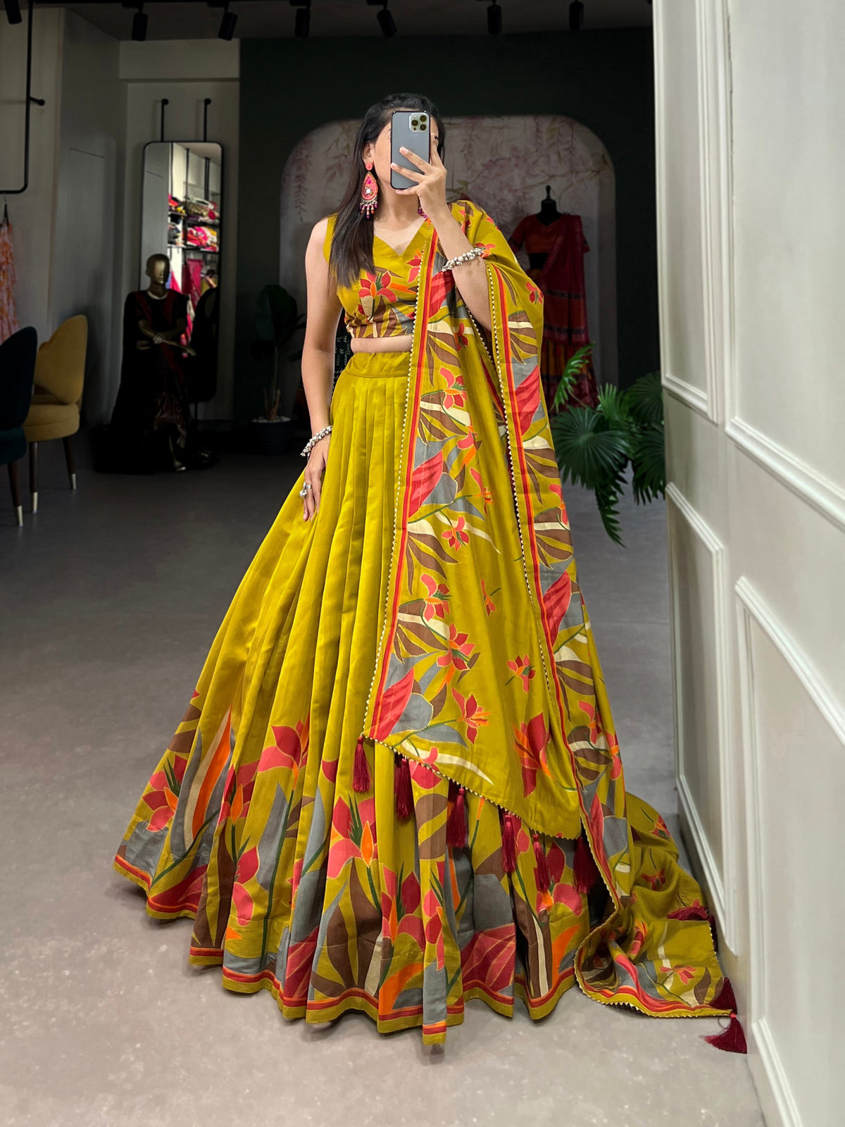 Mustard Green Floral Printed Lehenga Choli with Designer Dupatta