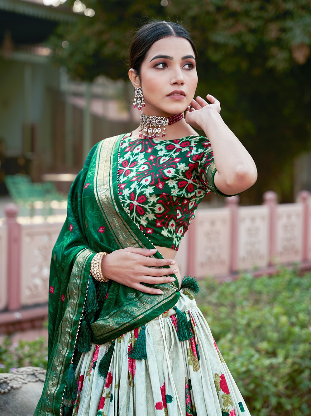Green Floral Printed Lehenga Choli with Silk Dupatta & Traditional Border