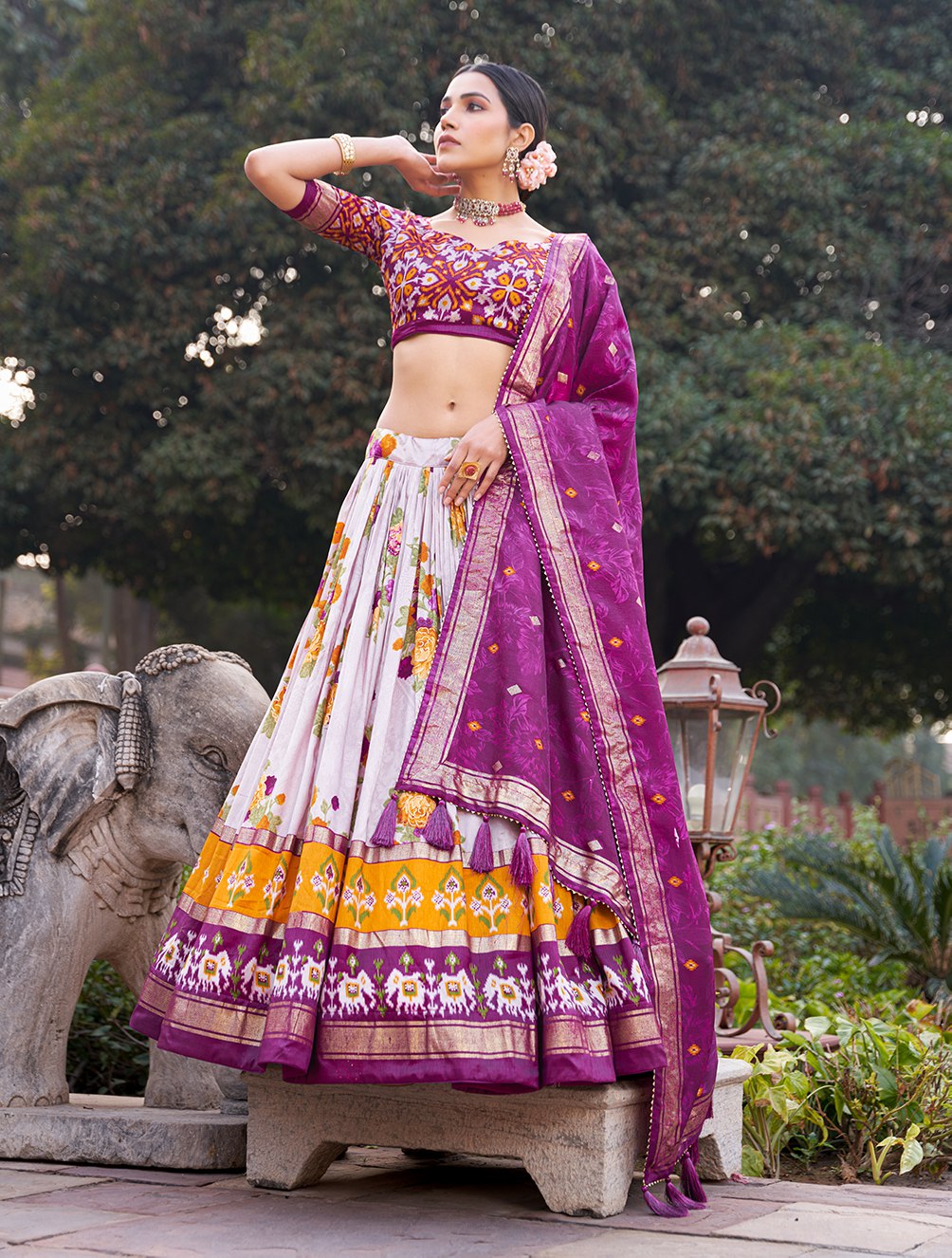 Purple Floral Printed Lehenga Choli with Silk Dupatta & Traditional Border