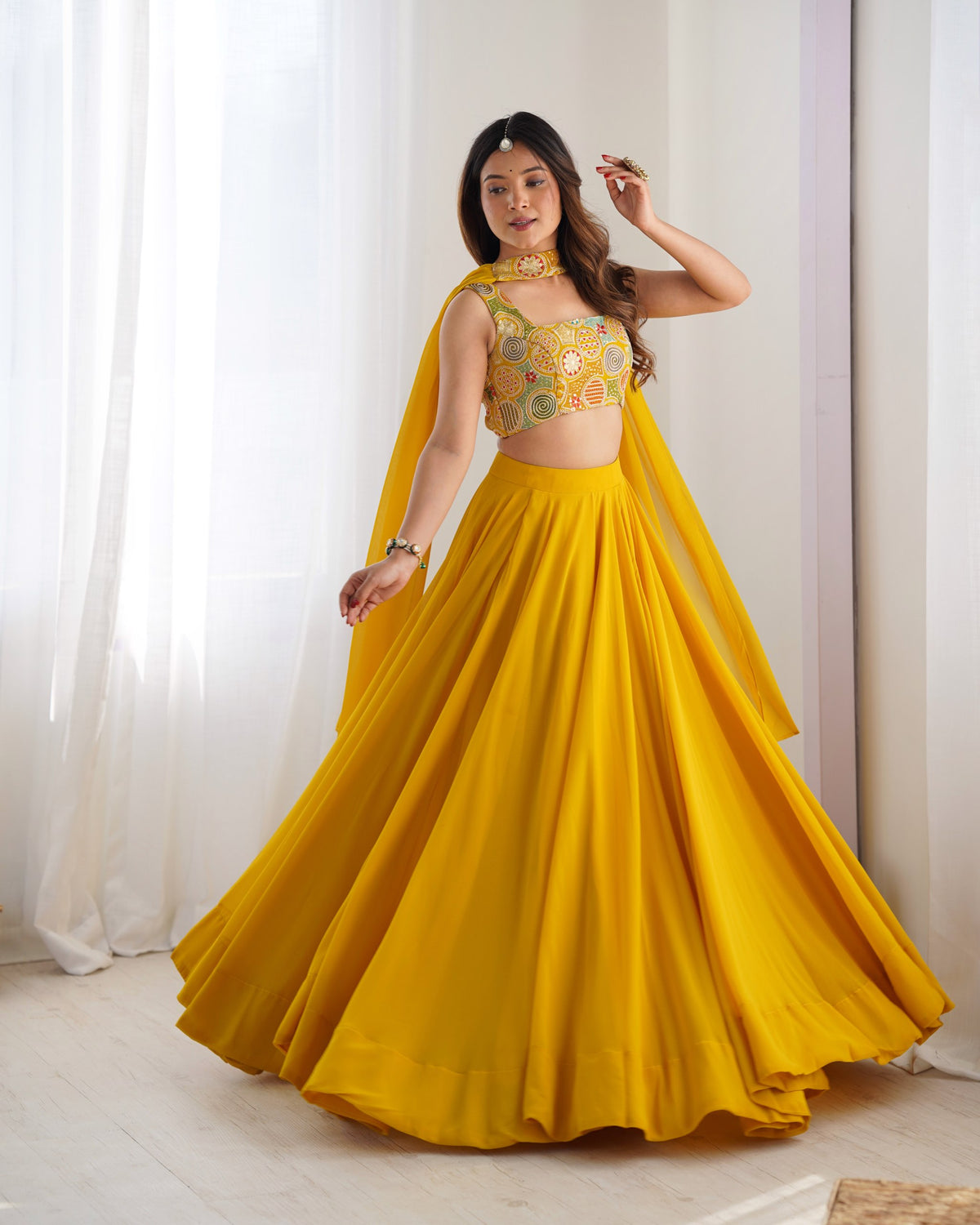Mustard Yellow Flared Lehenga Choli with Embroidered Designer Blouse & Dupatta