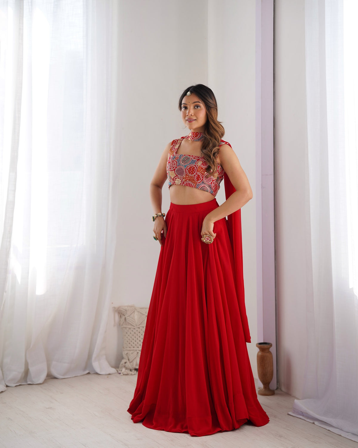 Elegant Red Flared Lehenga Choli with Designer Printed Blouse & Dupatta